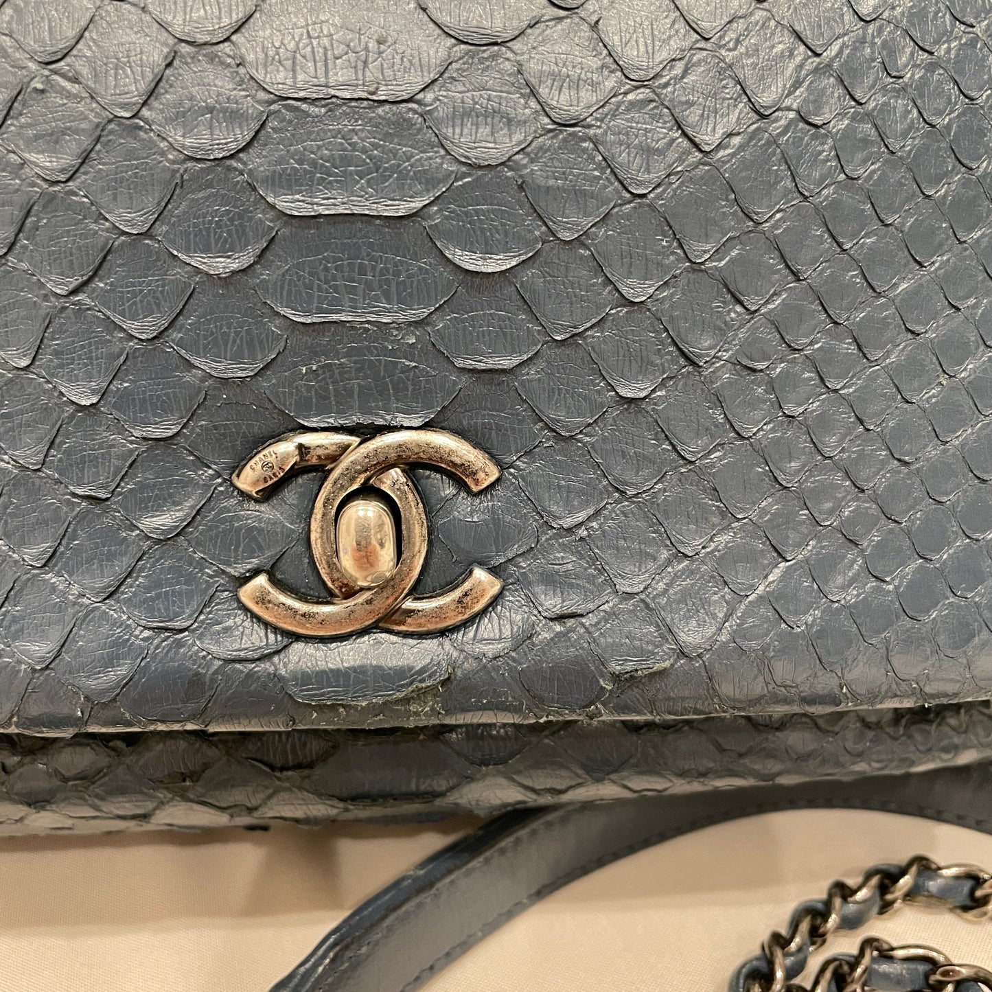 Pre-Owned Chanel Blue Python Small Coco Handle 2-Ways Top Handle Bag Sku# 80859