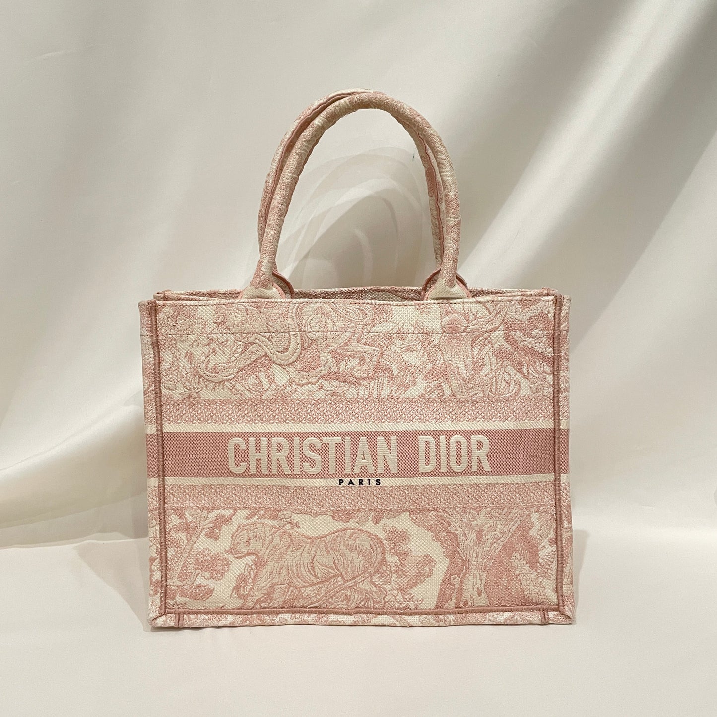 Pre-Owned Dior Pink Ecru Medium Canvas Toile de Jouy Embroidery Book Tote Sku# 80795