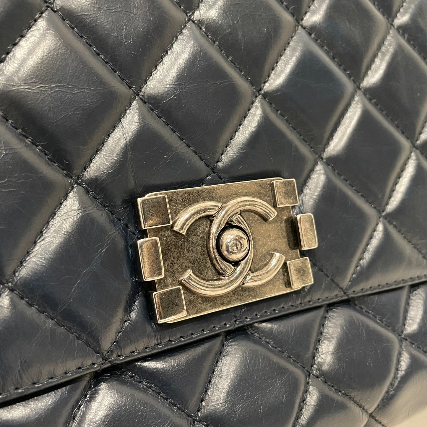 Pre-Owned Chanel Navy Leather Boy Shoulder Bag SKU# 80836