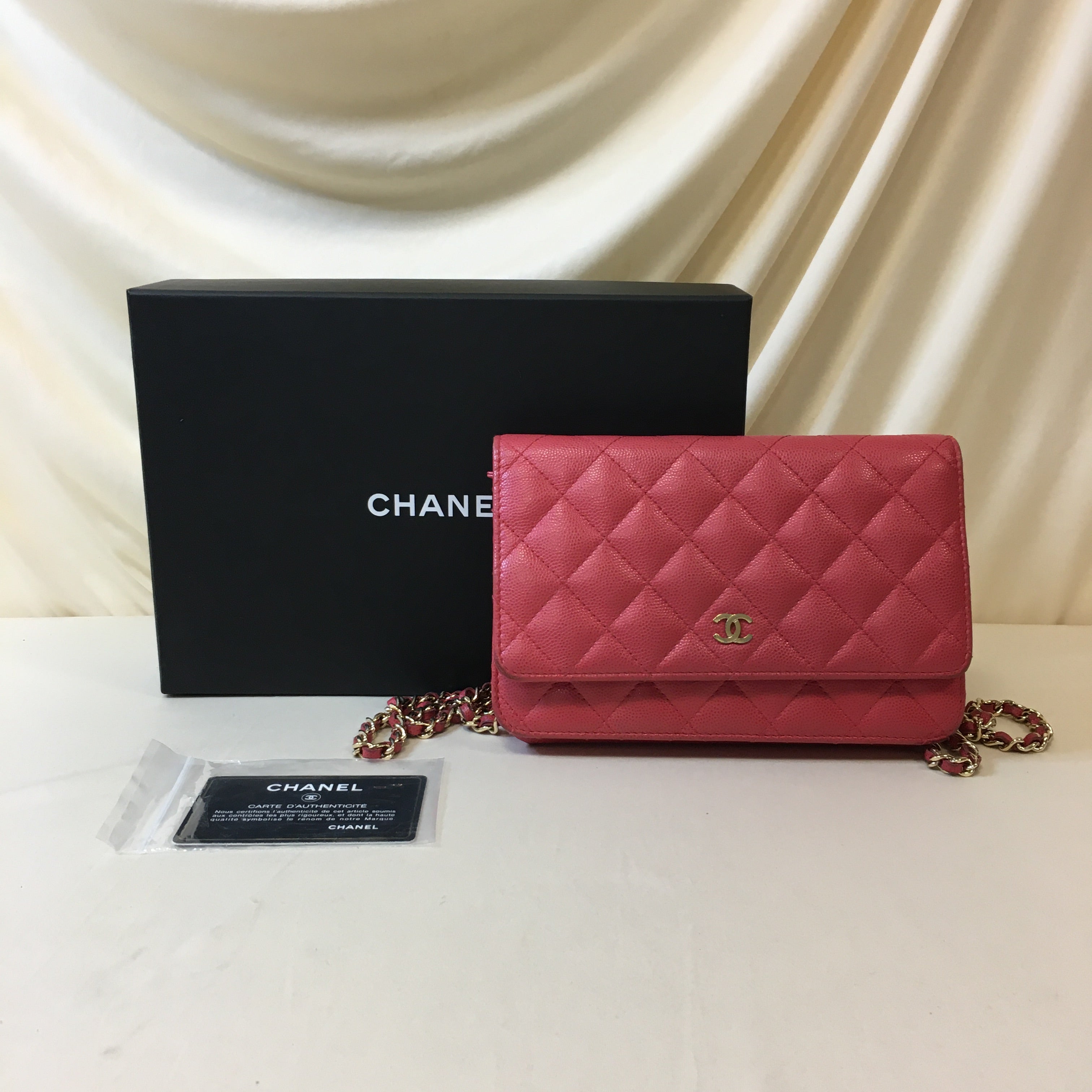 Pre Owned Chanel Orange Red Caviar Wallet On Chain Sku 67740 Ruumur