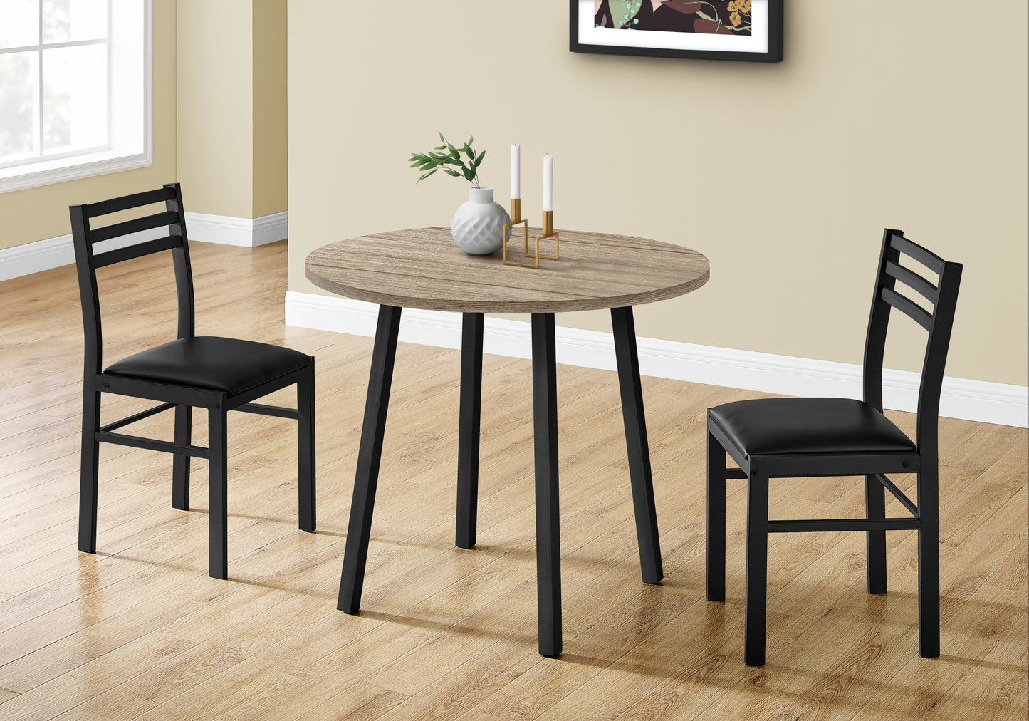 title:Dining Table Set, 3pcs Set, Small, 35" Drop Leaf, Kitchen, Black Metal, Brown Laminate, Contemporary, Modern;color:Dark Taupe