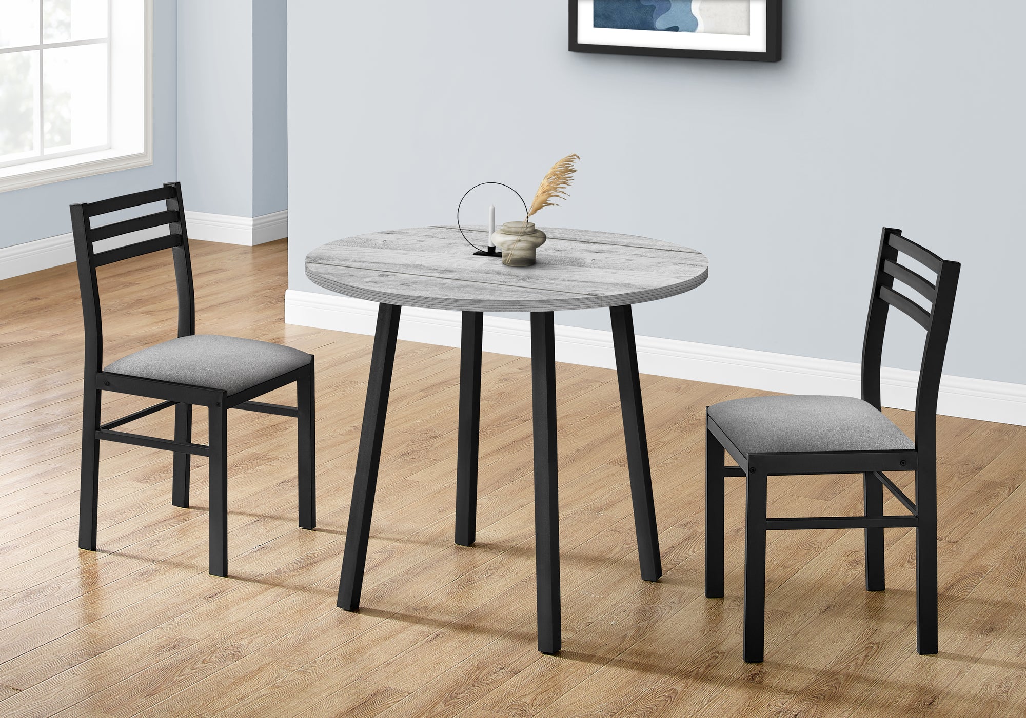 title:Dining Table Set, 3pcs Set, Small, 35" Drop Leaf, Kitchen, Black Metal, Grey Laminate, Contemporary, Modern;color:Grey