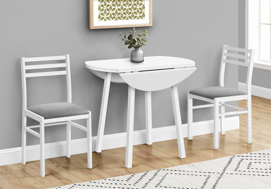 title:Dining Table Set, 3pcs Set, Small, 35" Drop Leaf, Kitchen, White Metal And Laminate, Grey Fabric, Contemporary, Modern;color:White