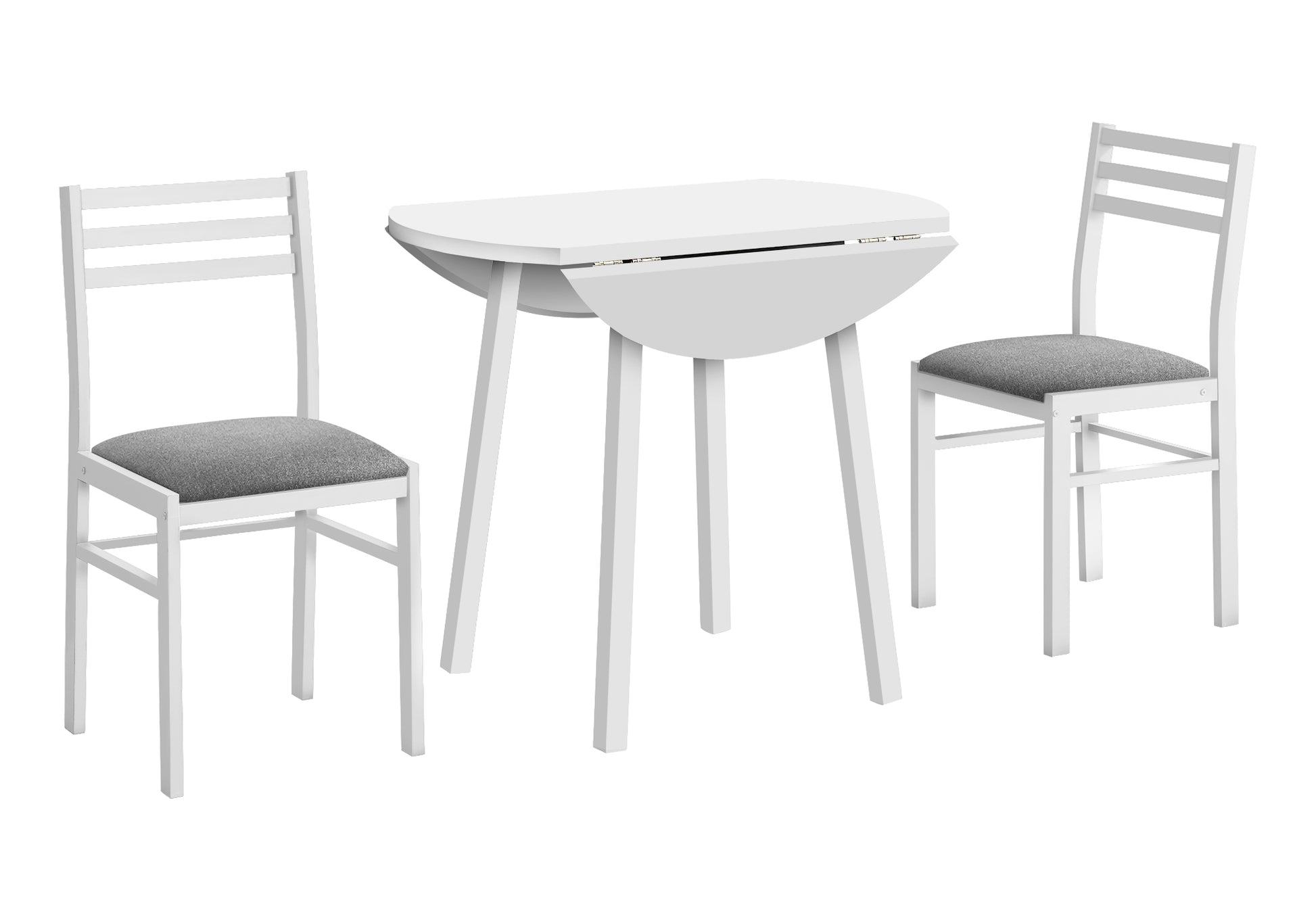 title:Dining Table Set, 3pcs Set, Small, 35" Drop Leaf, Kitchen, White Metal And Laminate, Grey Fabric, Contemporary, Modern;color:White