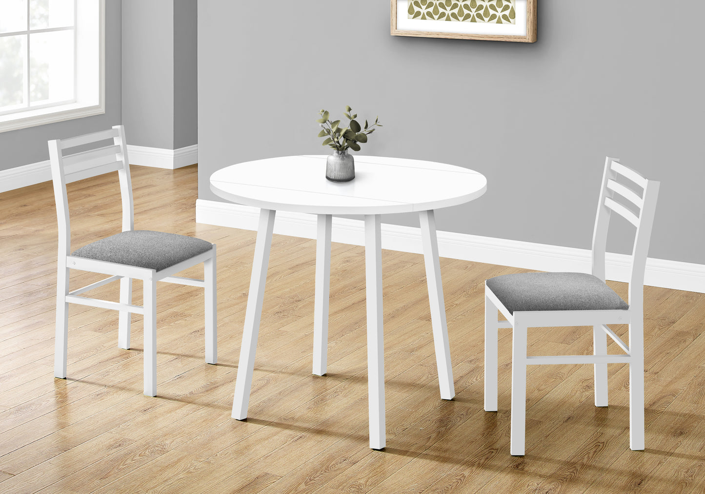 title:Dining Table Set, 3pcs Set, Small, 35" Drop Leaf, Kitchen, White Metal And Laminate, Grey Fabric, Contemporary, Modern;color:White