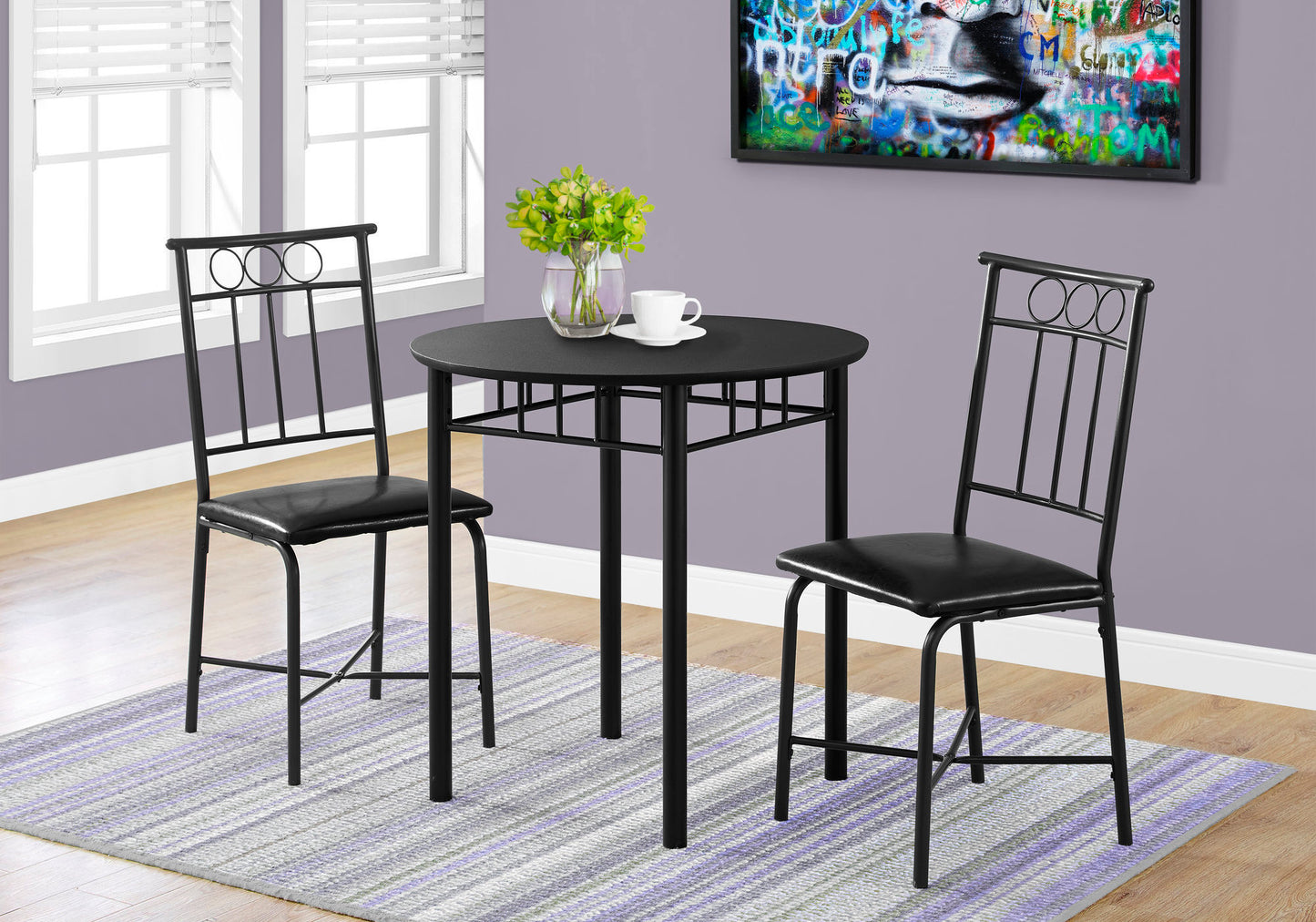 title:Dining Table Set, 3pcs Set, Small, 30" Round, Kitchen, Black Metal And Laminate, Leather Look, Contemporary, Modern;color:Black