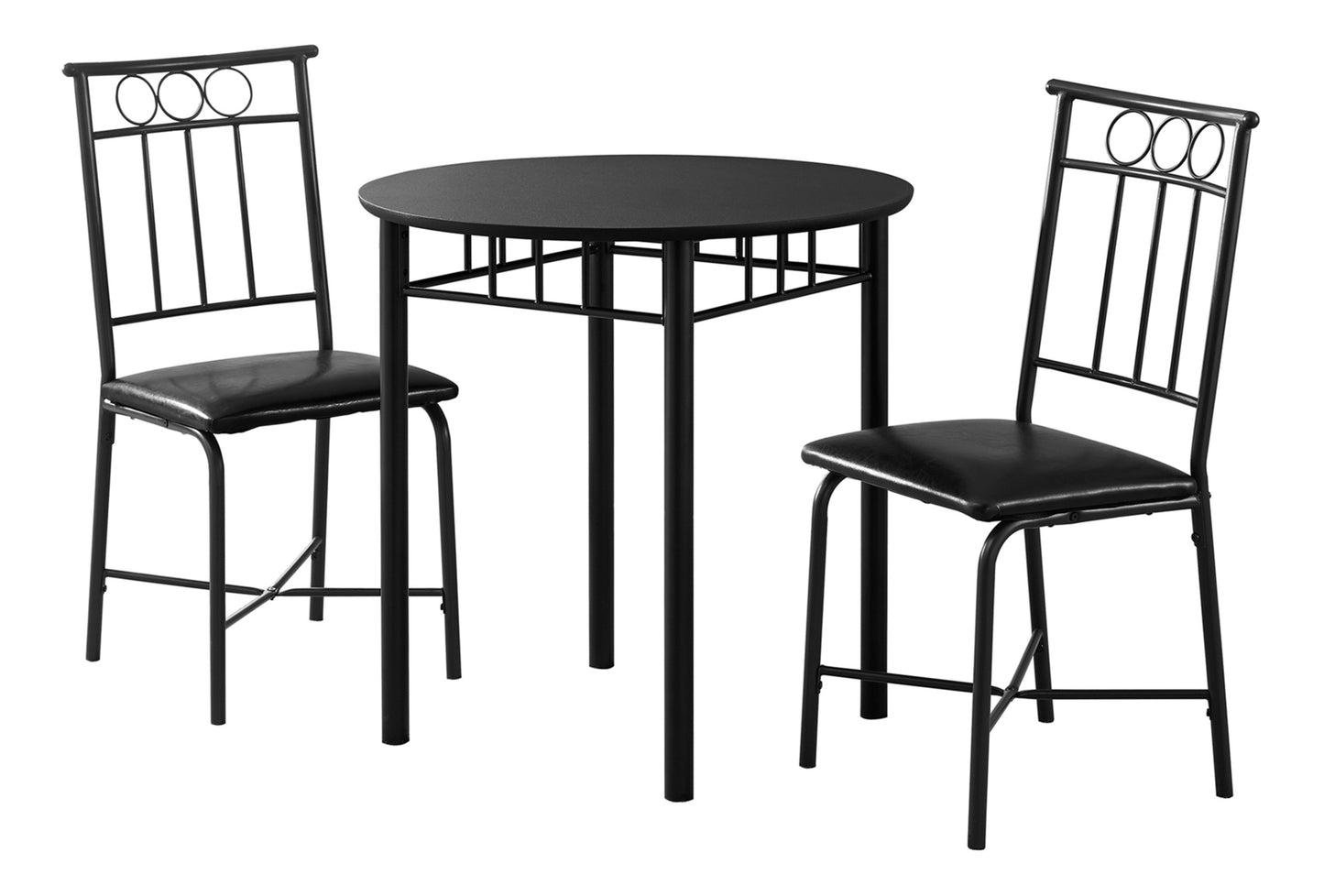 title:Dining Table Set, 3pcs Set, Small, 30" Round, Kitchen, Black Metal And Laminate, Leather Look, Contemporary, Modern;color:Black