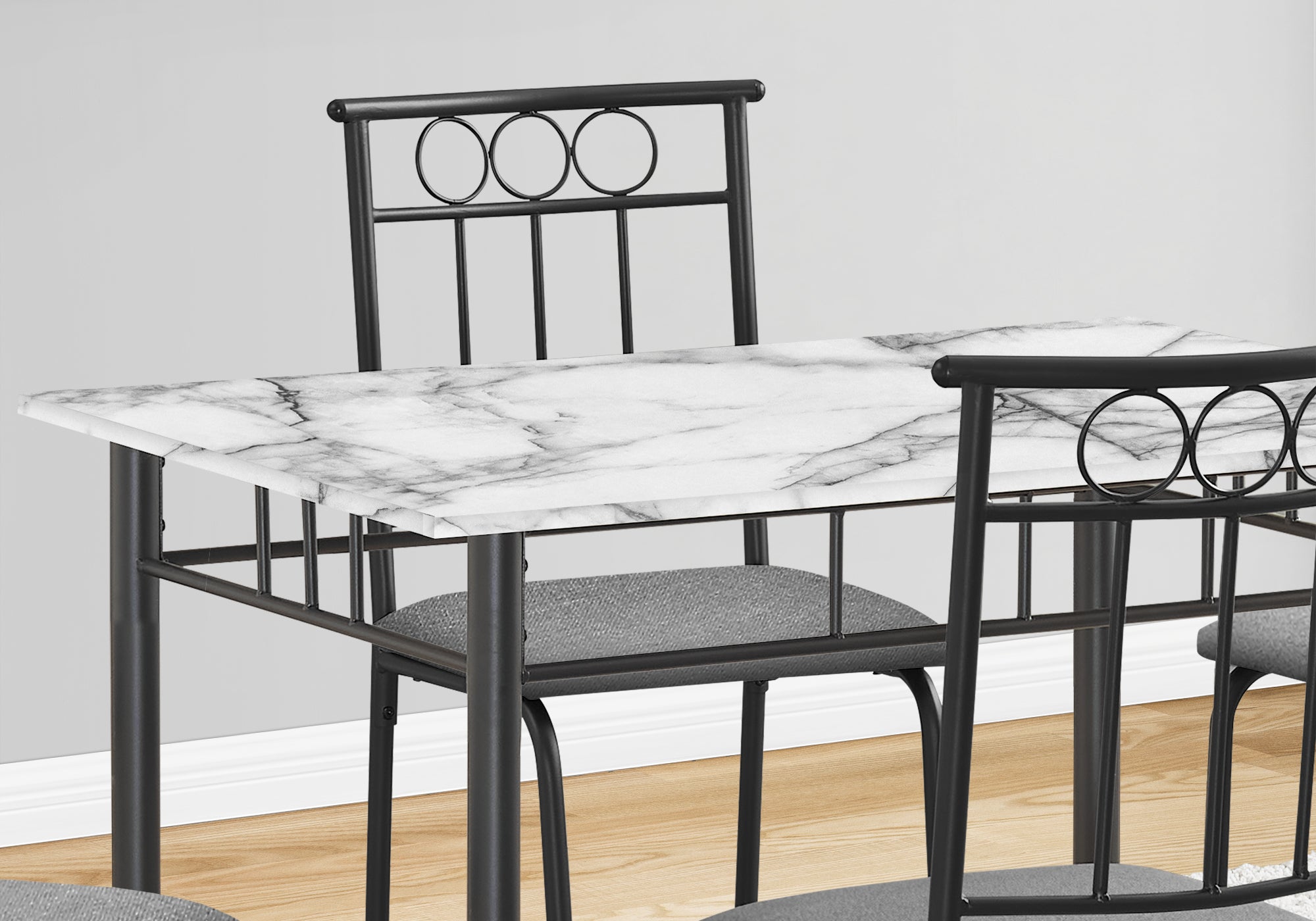 title:Dining Table Set, 5pcs Set, Small, 40" Rectangular, Kitchen, White Marble Look Laminate, Black Metal, Contemporary, Modern;color:White