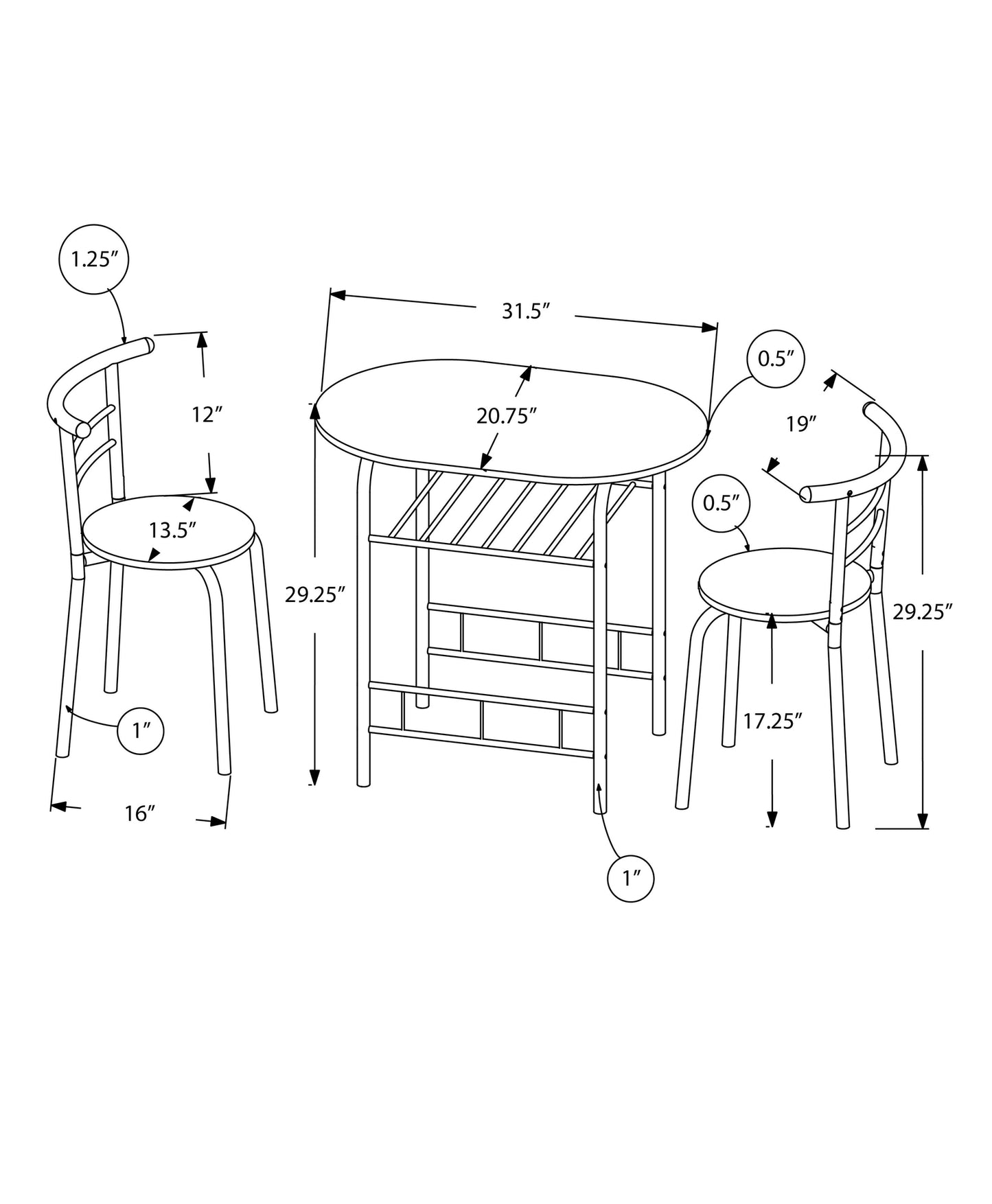 title:Dining Table Set, 3pcs Set, Small, 32" L, Kitchen, Brown Laminate, Black Metal, Contemporary, Modern;color:Dark Taupe