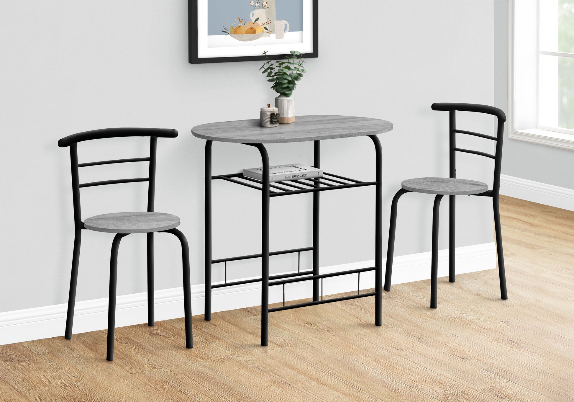 title:Dining Table Set, 3pcs Set, Small, 32" L, Kitchen, Grey Laminate, Black Metal, Contemporary, Modern;color:Grey