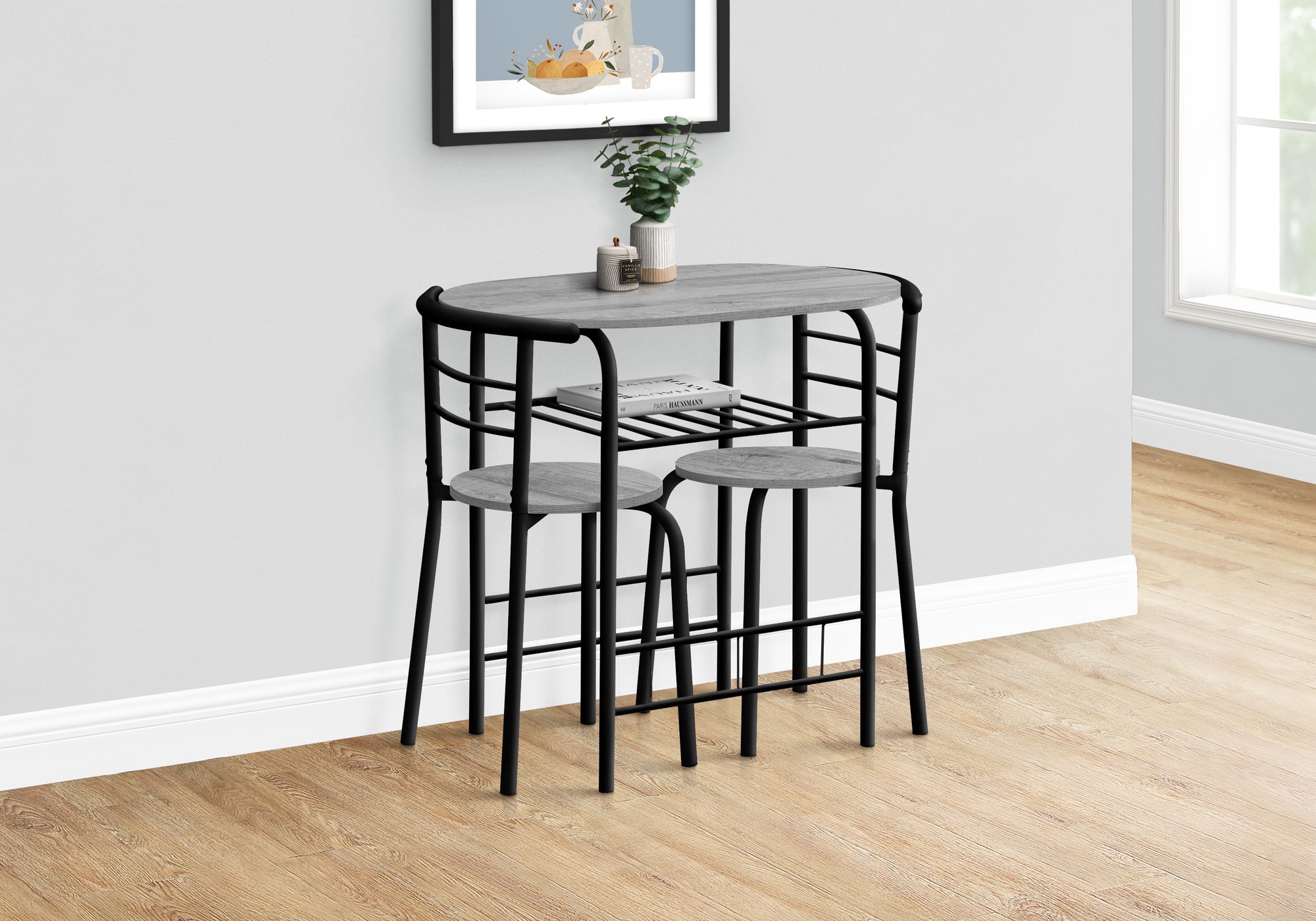 title:Dining Table Set, 3pcs Set, Small, 32" L, Kitchen, Grey Laminate, Black Metal, Contemporary, Modern;color:Grey