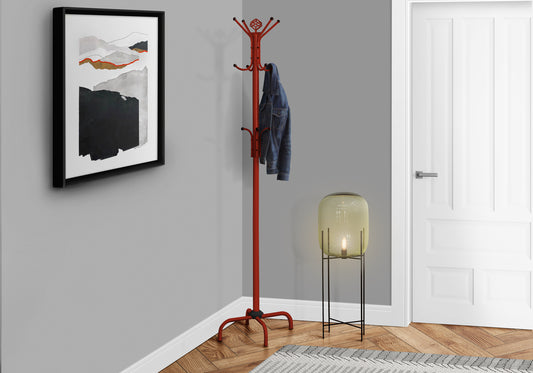 title:Coat Rack, Hall Tree, Free Standing, 12 Hooks, Entryway, 70"h, Bedroom, Red Metal, Contemporary, Modern;color:Red