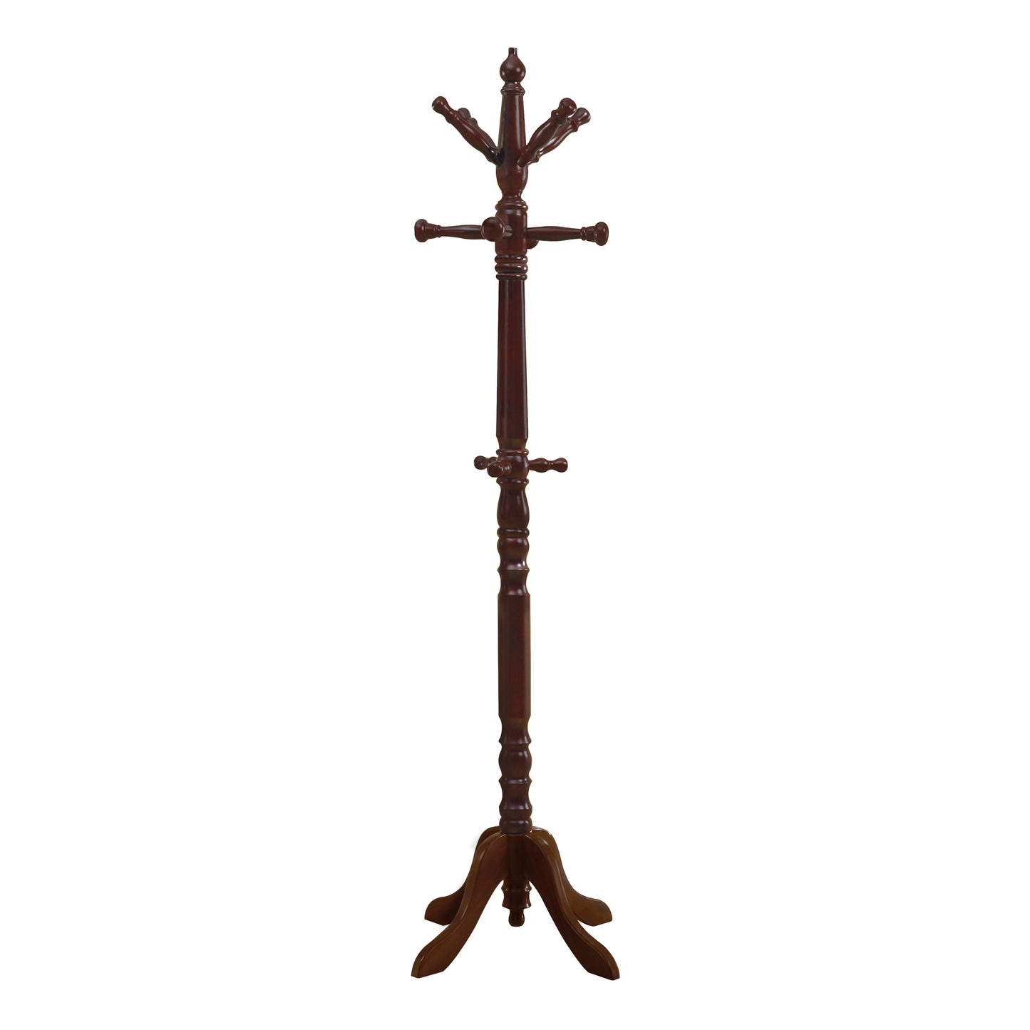 title:Coat Rack, Hall Tree, Free Standing, 11 Hooks, Entryway, 73"h, Bedroom, Brown Wood, Transitional;color:Cherry