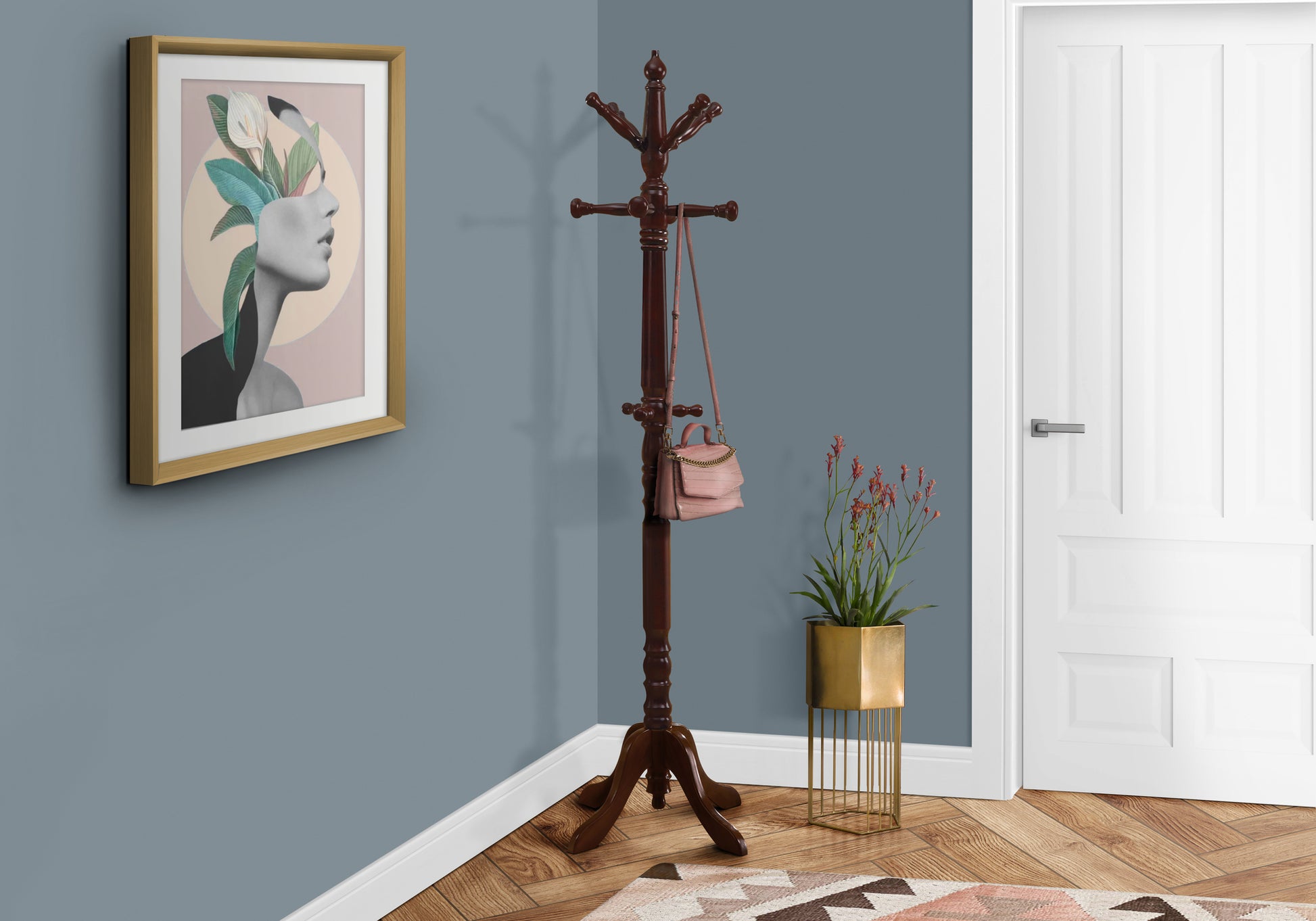 title:Coat Rack, Hall Tree, Free Standing, 11 Hooks, Entryway, 73"h, Bedroom, Brown Wood, Transitional;color:Cherry