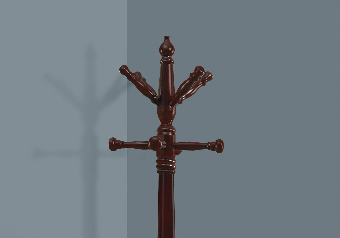 title:Coat Rack, Hall Tree, Free Standing, 11 Hooks, Entryway, 73"h, Bedroom, Brown Wood, Transitional;color:Cherry