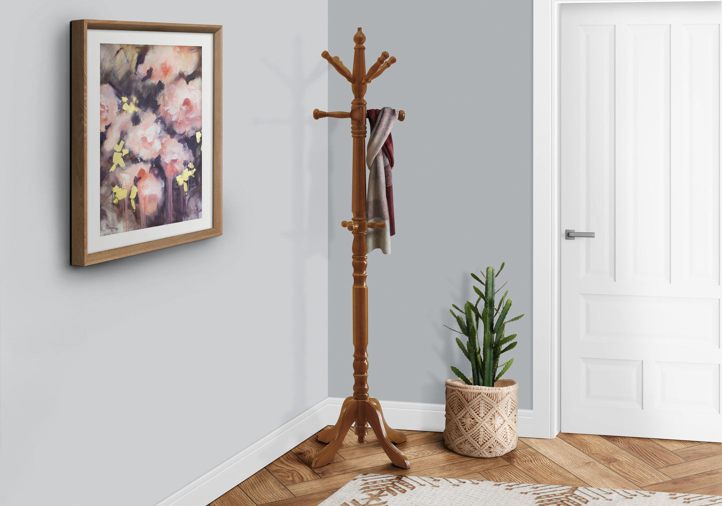 title:Coat Rack, Hall Tree, Free Standing, 11 Hooks, Entryway, 73"h, Bedroom, Brown Wood, Transitional;color:Oak