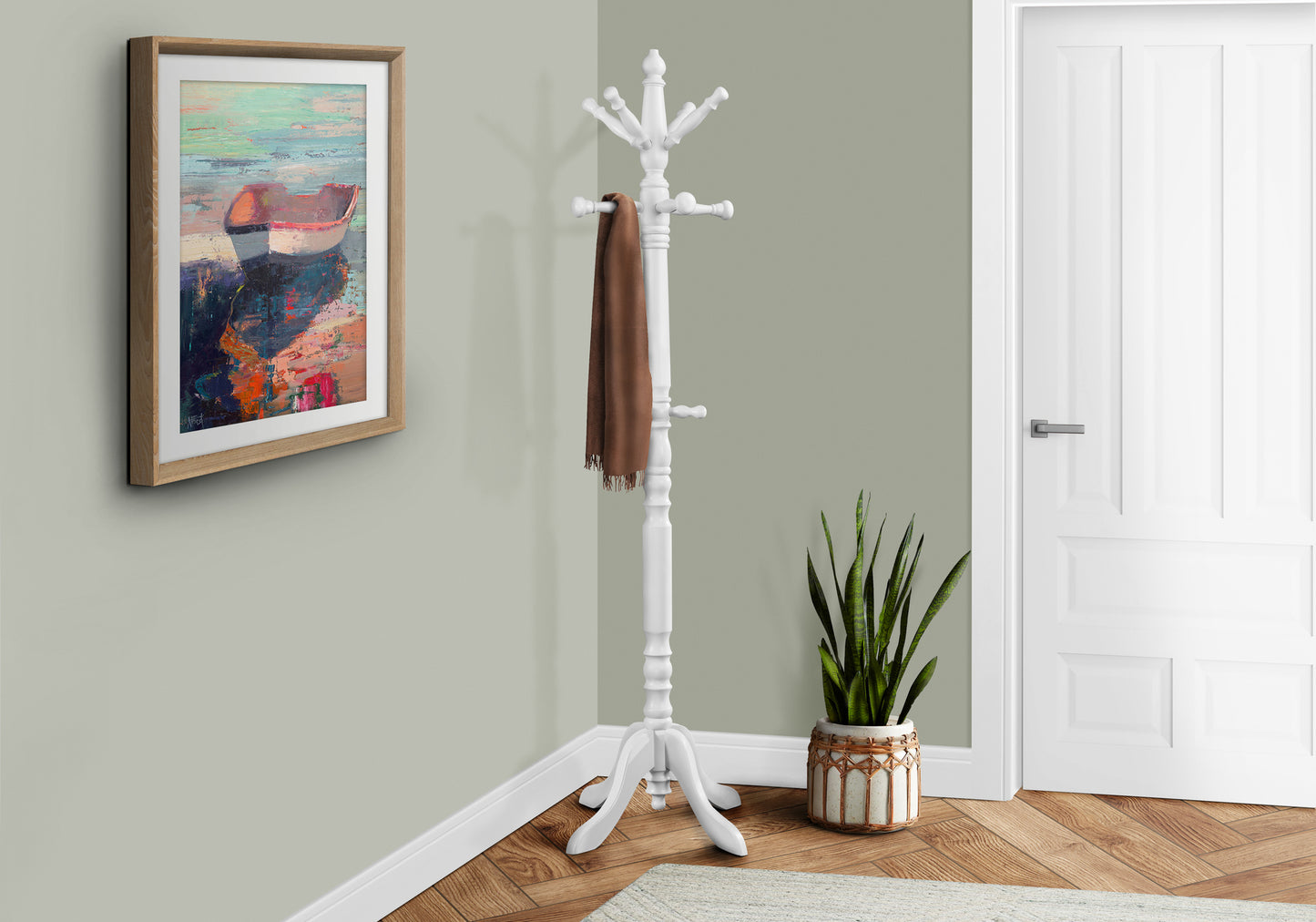 title:Coat Rack, Hall Tree, Free Standing, 11 Hooks, Entryway, 73"h, Bedroom, White Wood, Transitional;color:White