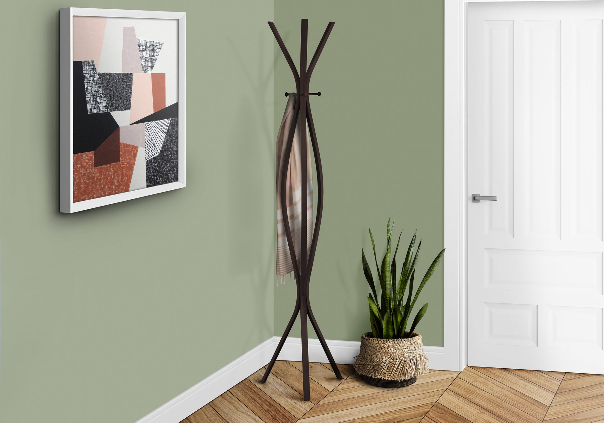 title:Coat Rack, Hall Tree, Free Standing, 3 Hooks, Entryway, 72"h, Bedroom, Brown Metal, Contemporary, Modern;color:Espresso