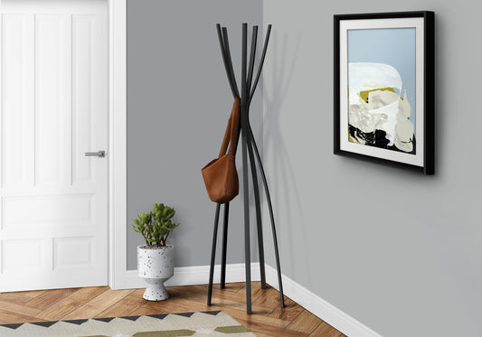 title:Coat Rack, Hall Tree, Free Standing, 5 Hooks, Entryway, 72"h, Bedroom, Black Metal, Contemporary, Modern;color:Black