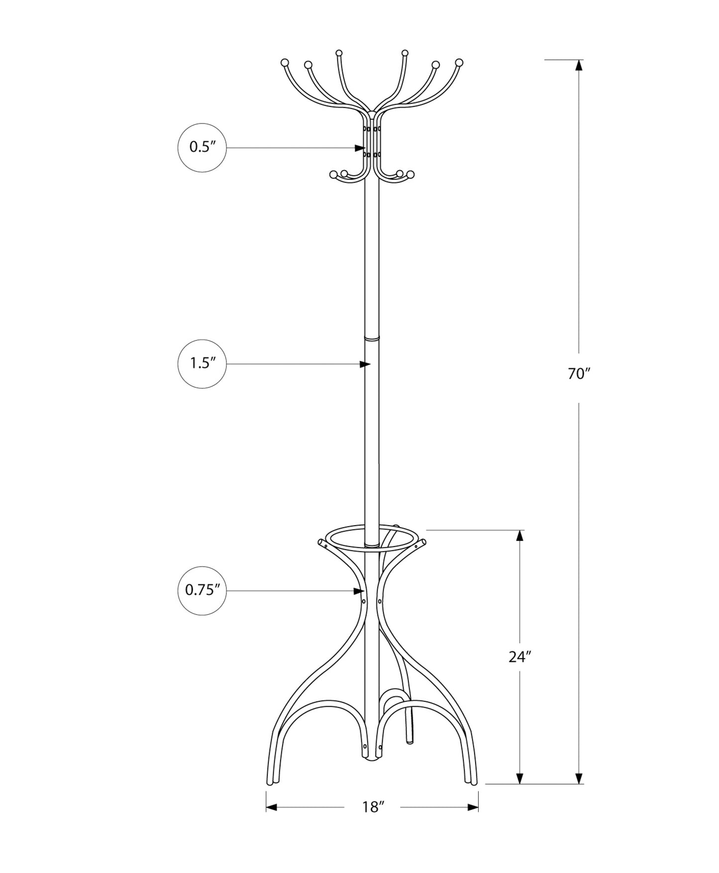 title:Coat Rack, Hall Tree, Free Standing, 12 Hooks, Entryway, 70"h, Umbrella Holder, Bedroom, Grey Metal, Contemporary, Modern;color:Silver