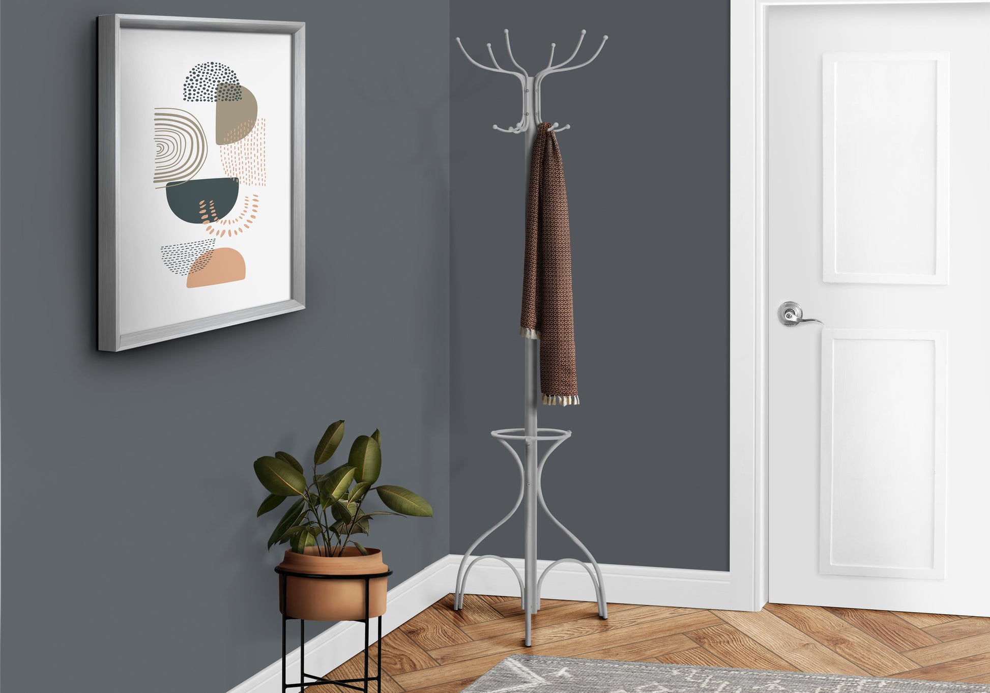 title:Coat Rack, Hall Tree, Free Standing, 12 Hooks, Entryway, 70"h, Umbrella Holder, Bedroom, Grey Metal, Contemporary, Modern;color:Silver