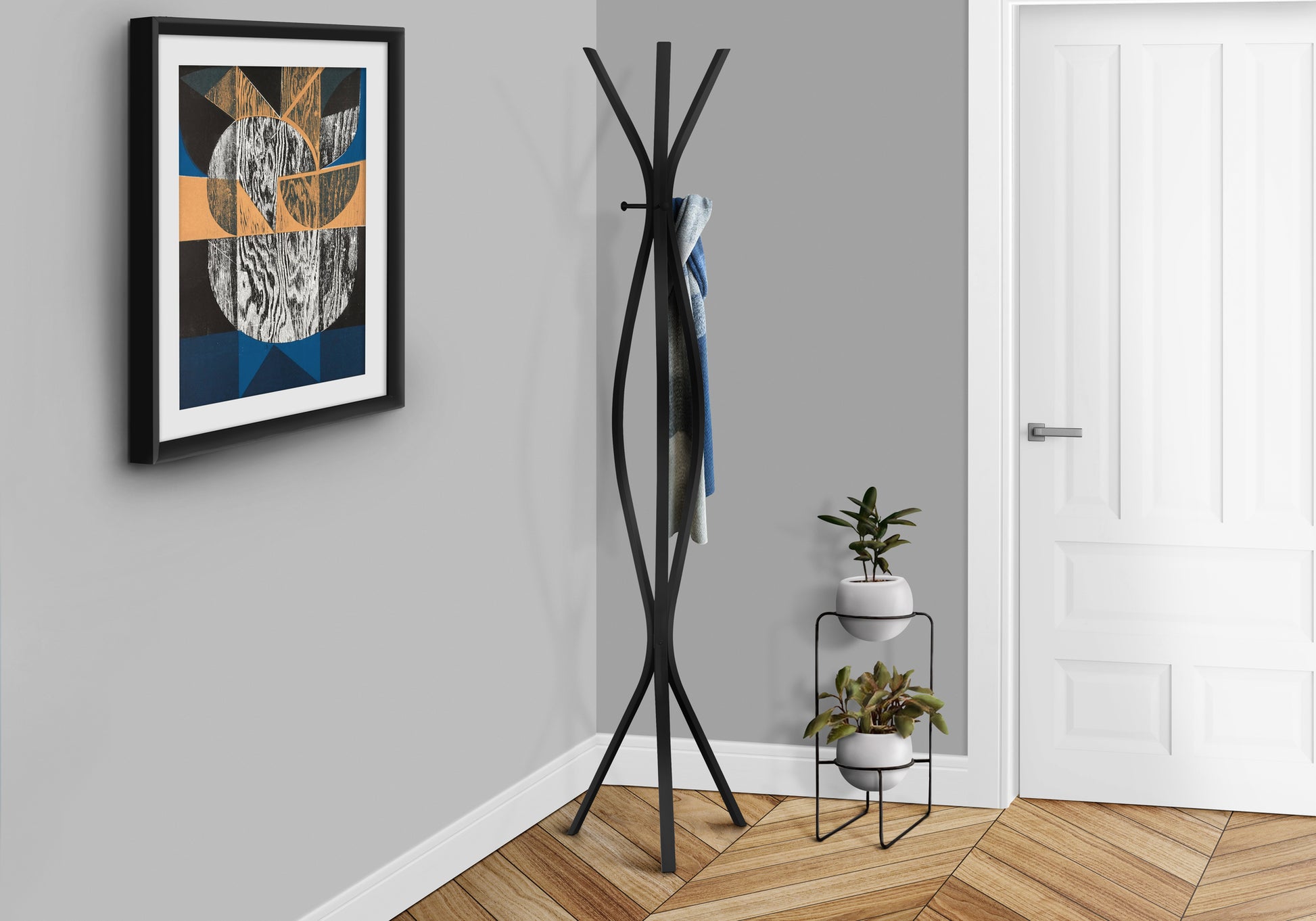 title:Coat Rack, Hall Tree, Free Standing, 3 Hooks, Entryway, 72"h, Bedroom, Black Metal, Contemporary, Modern;color:Black