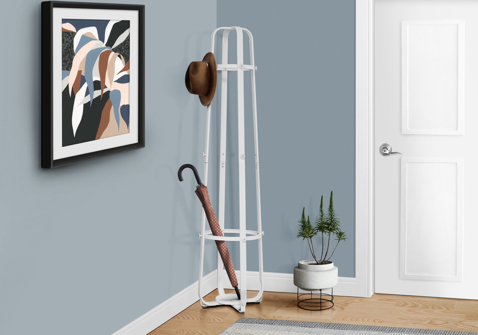 title:Coat Rack, Hall Tree, Free Standing, 12 Hooks, Entryway, 72"h, Umbrella Holder, Bedroom, White Metal, Contemporary, Modern;color:White