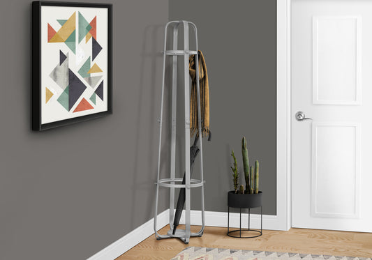 title:Coat Rack, Hall Tree, Free Standing, 12 Hooks, Entryway, 72"h, Umbrella Holder, Bedroom, Grey Metal, Contemporary, Modern;color:Silver