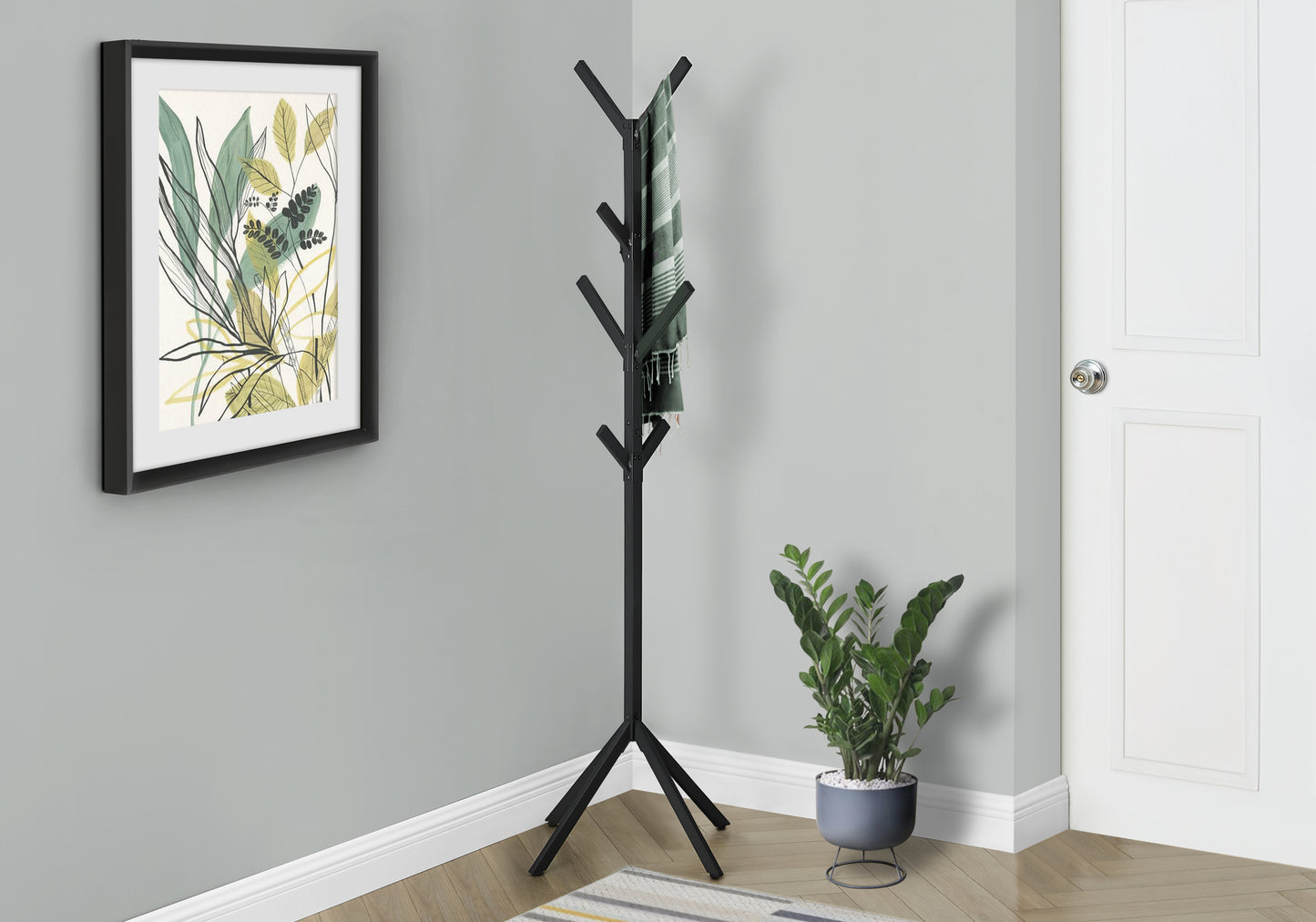 title:Coat Rack, Hall Tree, Free Standing, 8 Hooks, Entryway, 70"h, Bedroom, Black Metal, Contemporary, Modern;color:Black