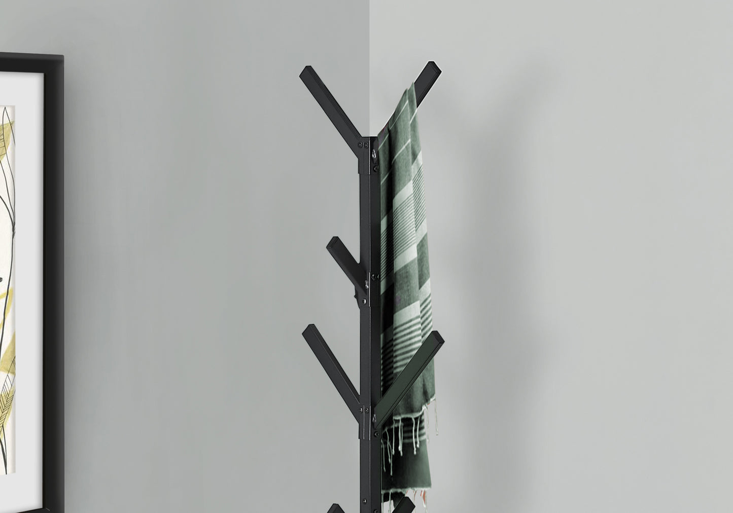 title:Coat Rack, Hall Tree, Free Standing, 8 Hooks, Entryway, 70"h, Bedroom, Black Metal, Contemporary, Modern;color:Black