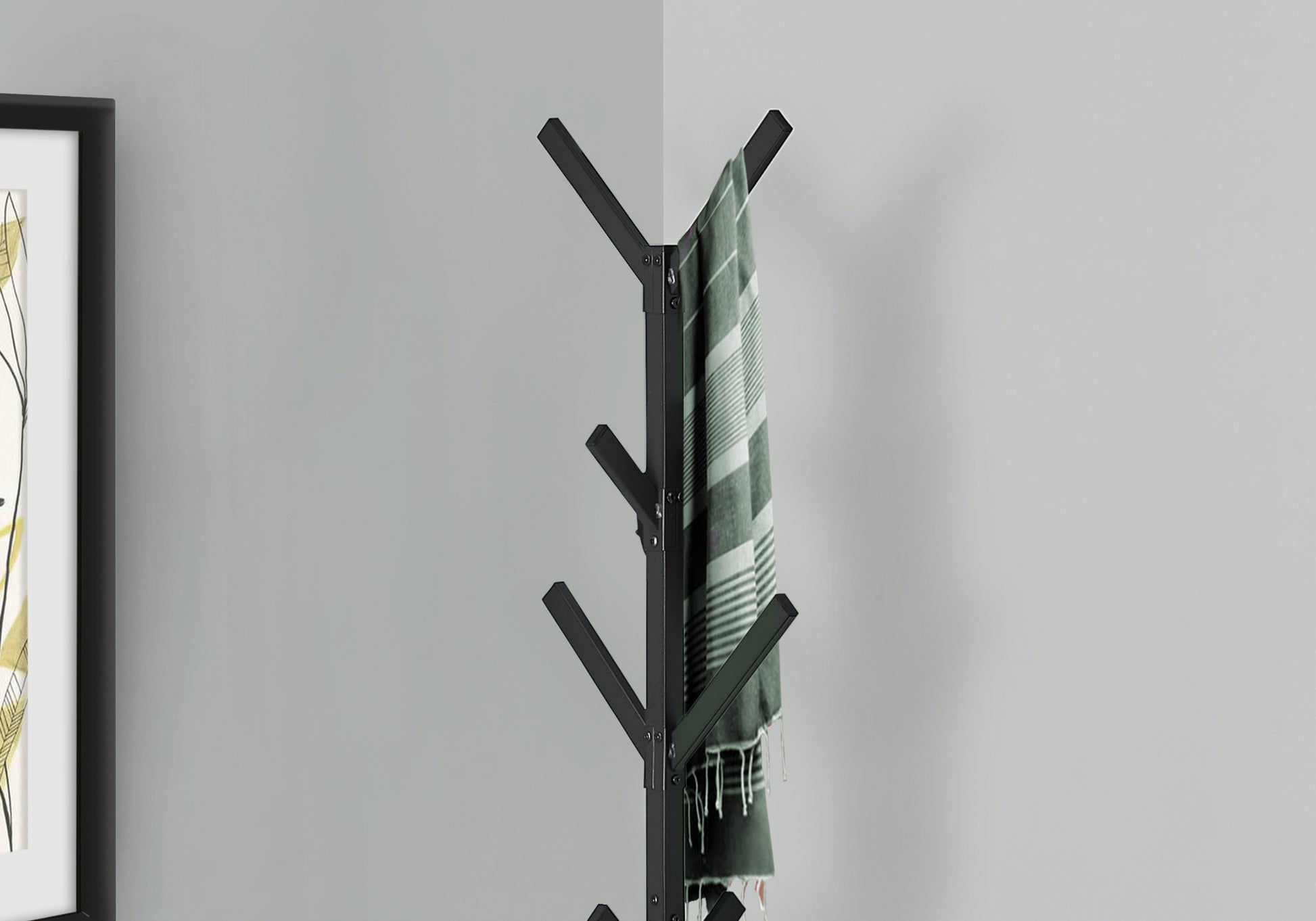 title:Coat Rack, Hall Tree, Free Standing, 8 Hooks, Entryway, 70"h, Bedroom, Black Metal, Contemporary, Modern;color:Black