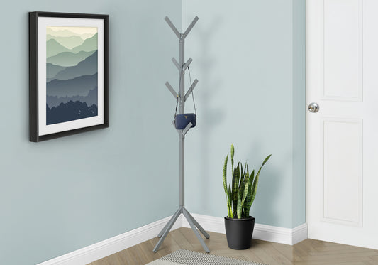 title:Coat Rack, Hall Tree, Free Standing, 8 Hooks, Entryway, 70"h, Bedroom, Grey Metal, Contemporary, Modern;color:Silver