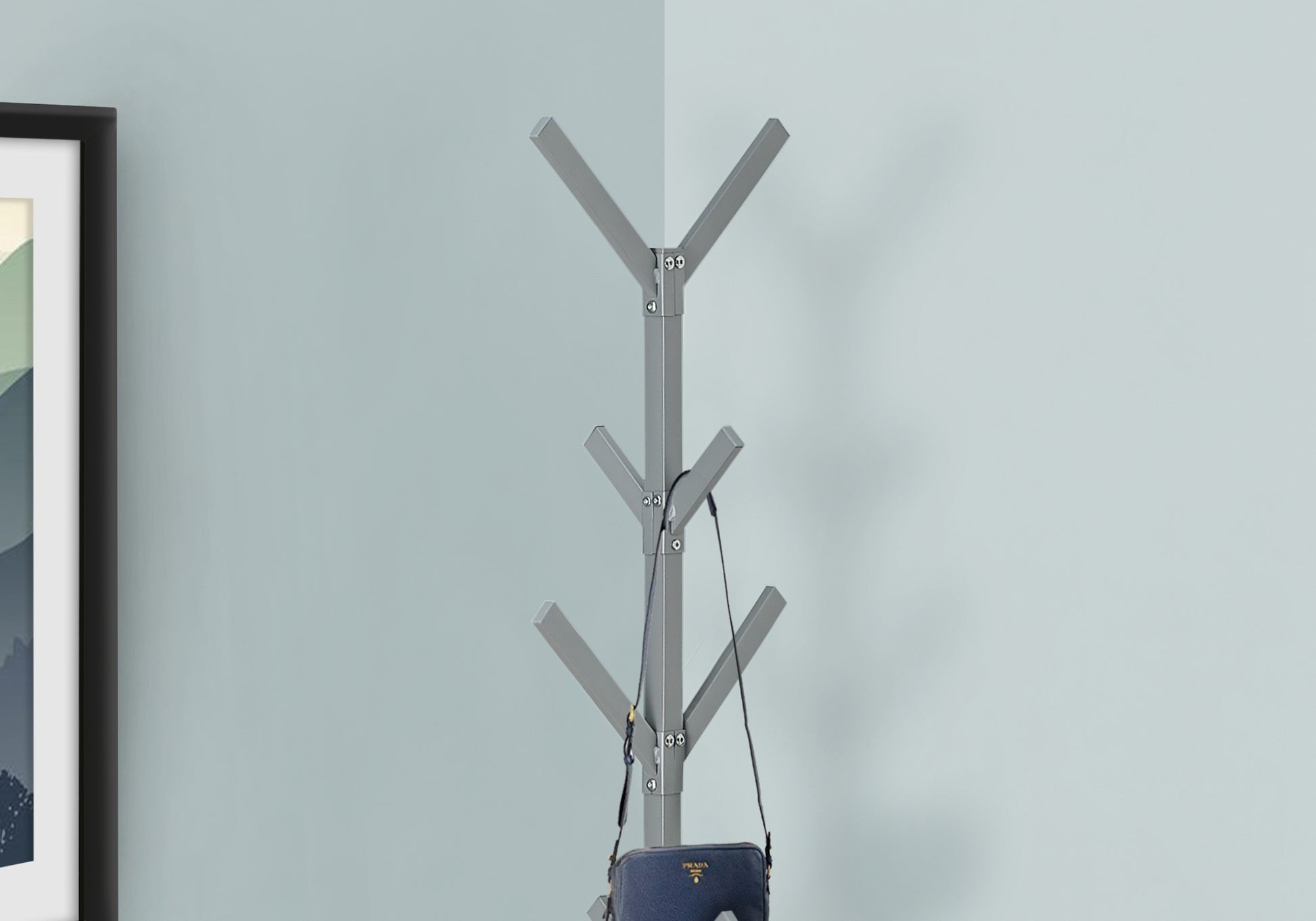 title:Coat Rack, Hall Tree, Free Standing, 8 Hooks, Entryway, 70"h, Bedroom, Grey Metal, Contemporary, Modern;color:Silver