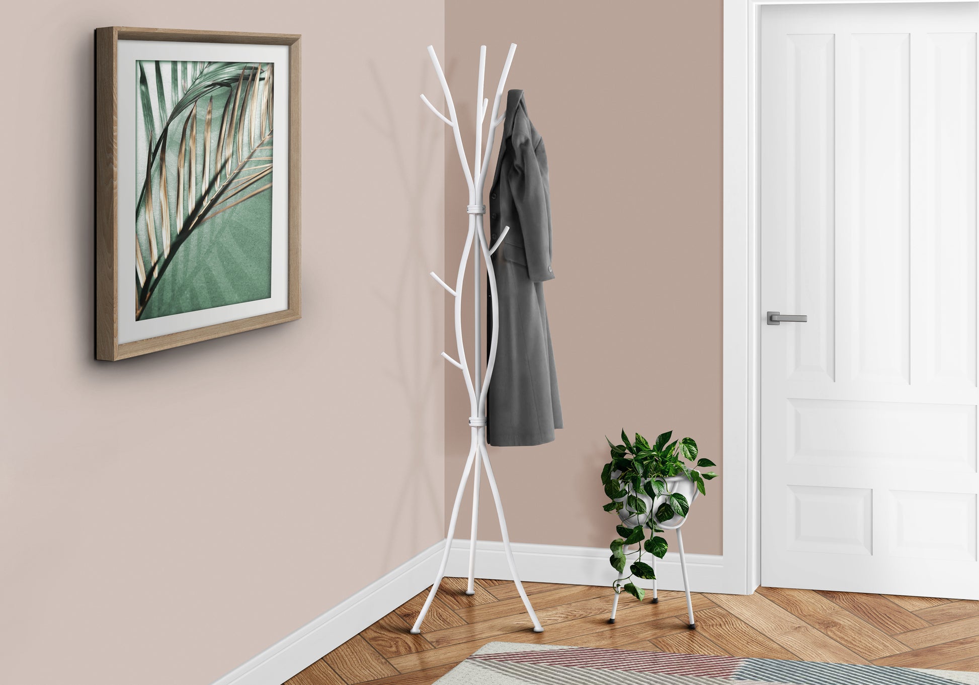 title:Coat Rack, Hall Tree, Free Standing, 11 Hooks, Entryway, 74"h, Bedroom, White Metal, Contemporary, Modern;color:White