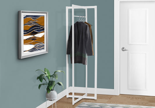 title:Coat Rack, Hall Tree, Free Standing, Hanging Bar, Entryway, 72"h, Bedroom, White Metal, Contemporary, Modern;color:White