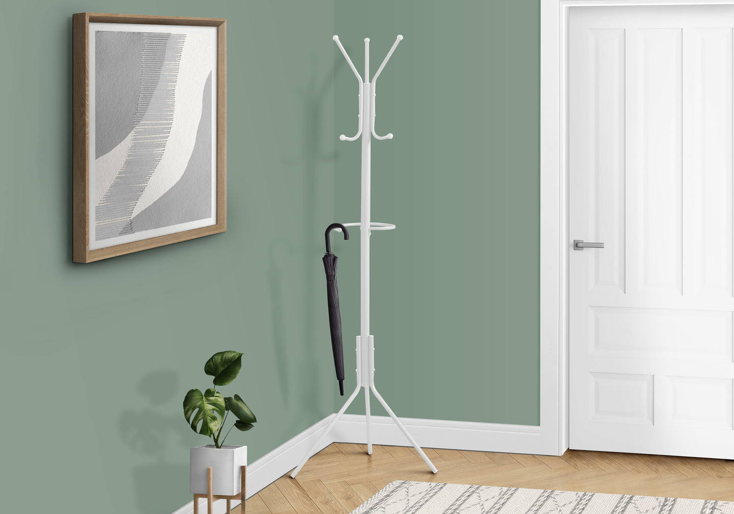 title:Coat Rack, Hall Tree, Free Standing, Hanging Bar, 6 Hooks, Entryway, 68"h, Bedroom, White Metal, Contemporary, Modern;color:White