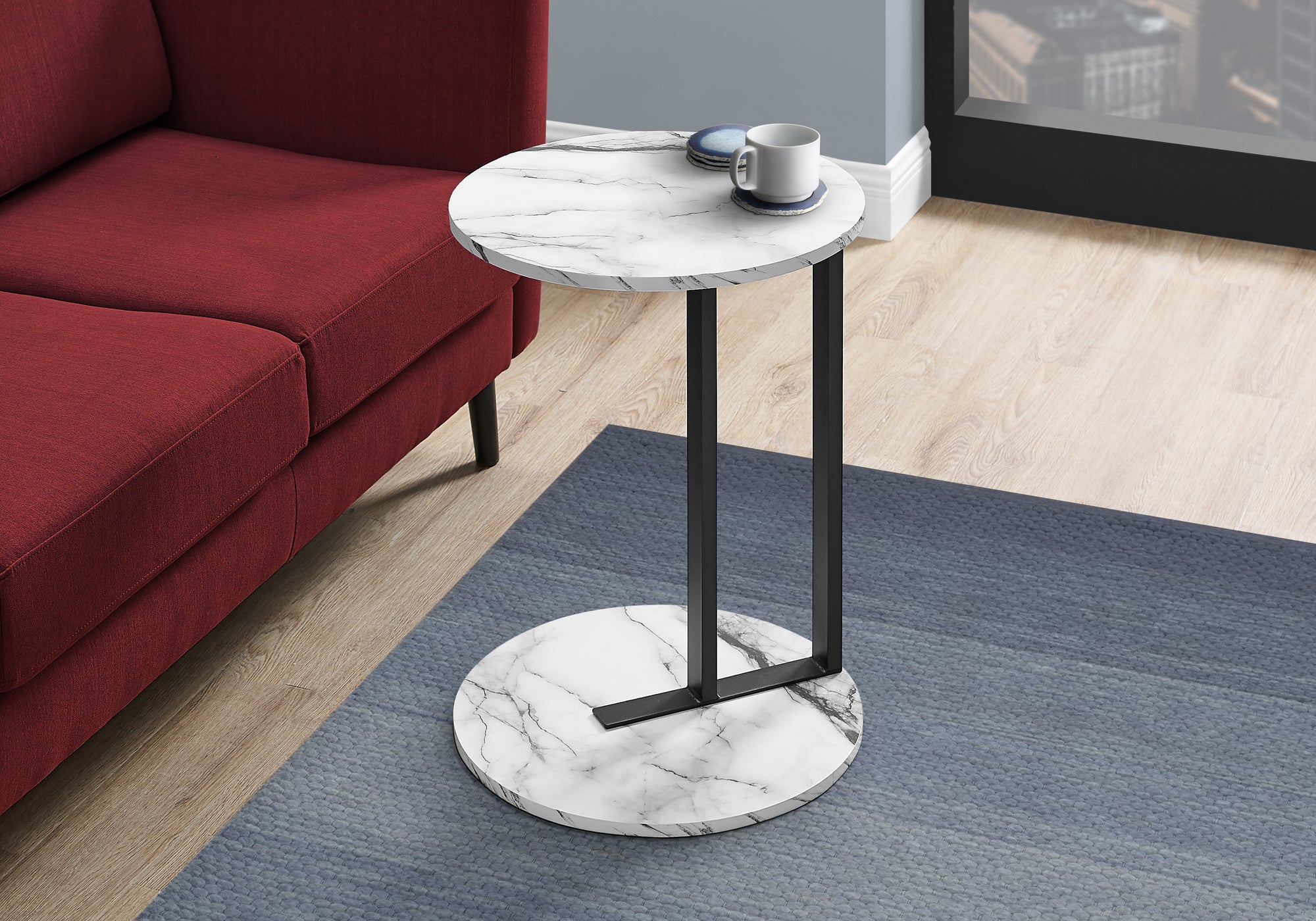 title:Accent Table, Side, Round, End, Nightstand, Lamp, Living Room, Bedroom, White Marble Look Laminate, Black Metal, Contemporary, Modern;color:White