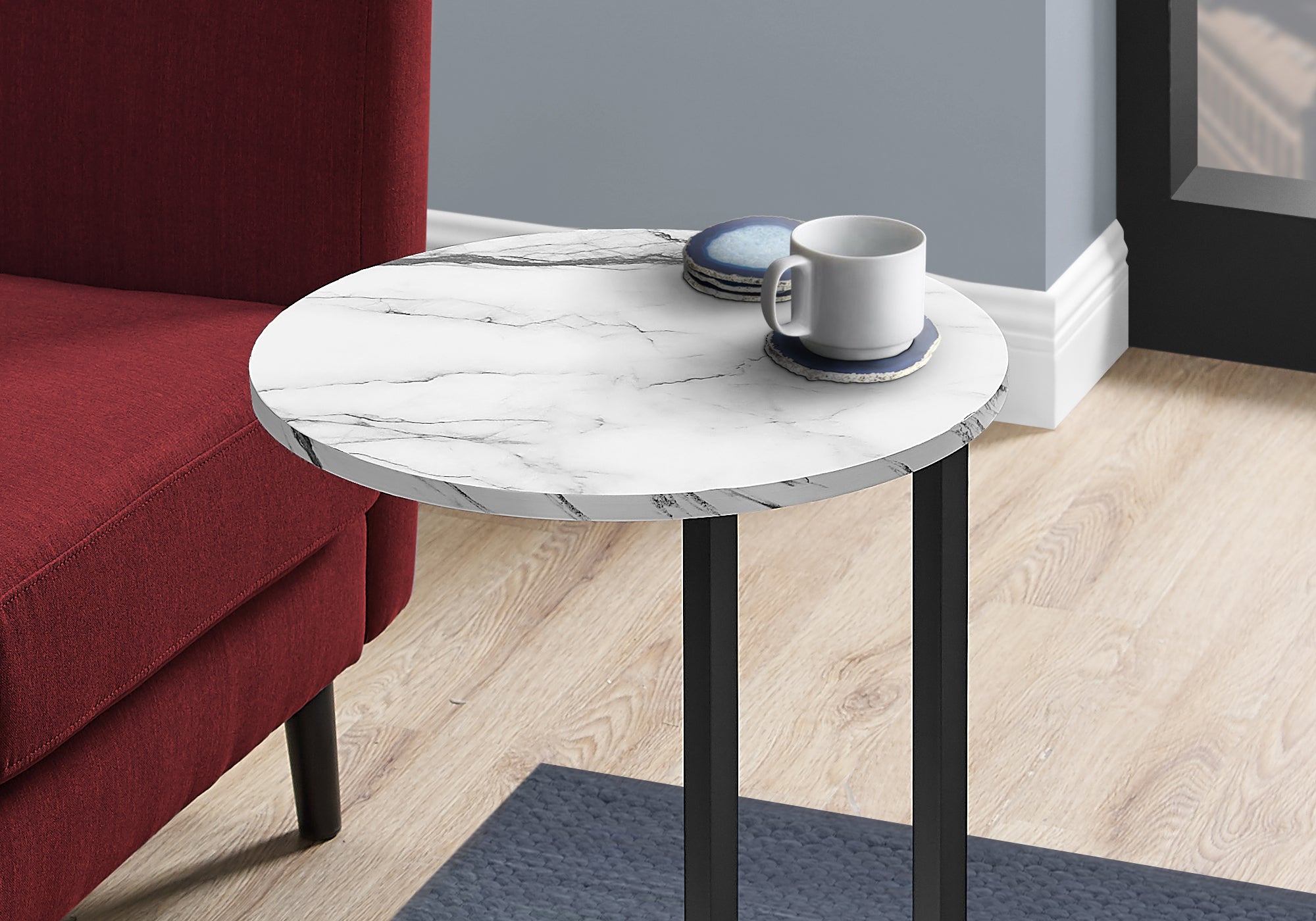 title:Accent Table, Side, Round, End, Nightstand, Lamp, Living Room, Bedroom, White Marble Look Laminate, Black Metal, Contemporary, Modern;color:White