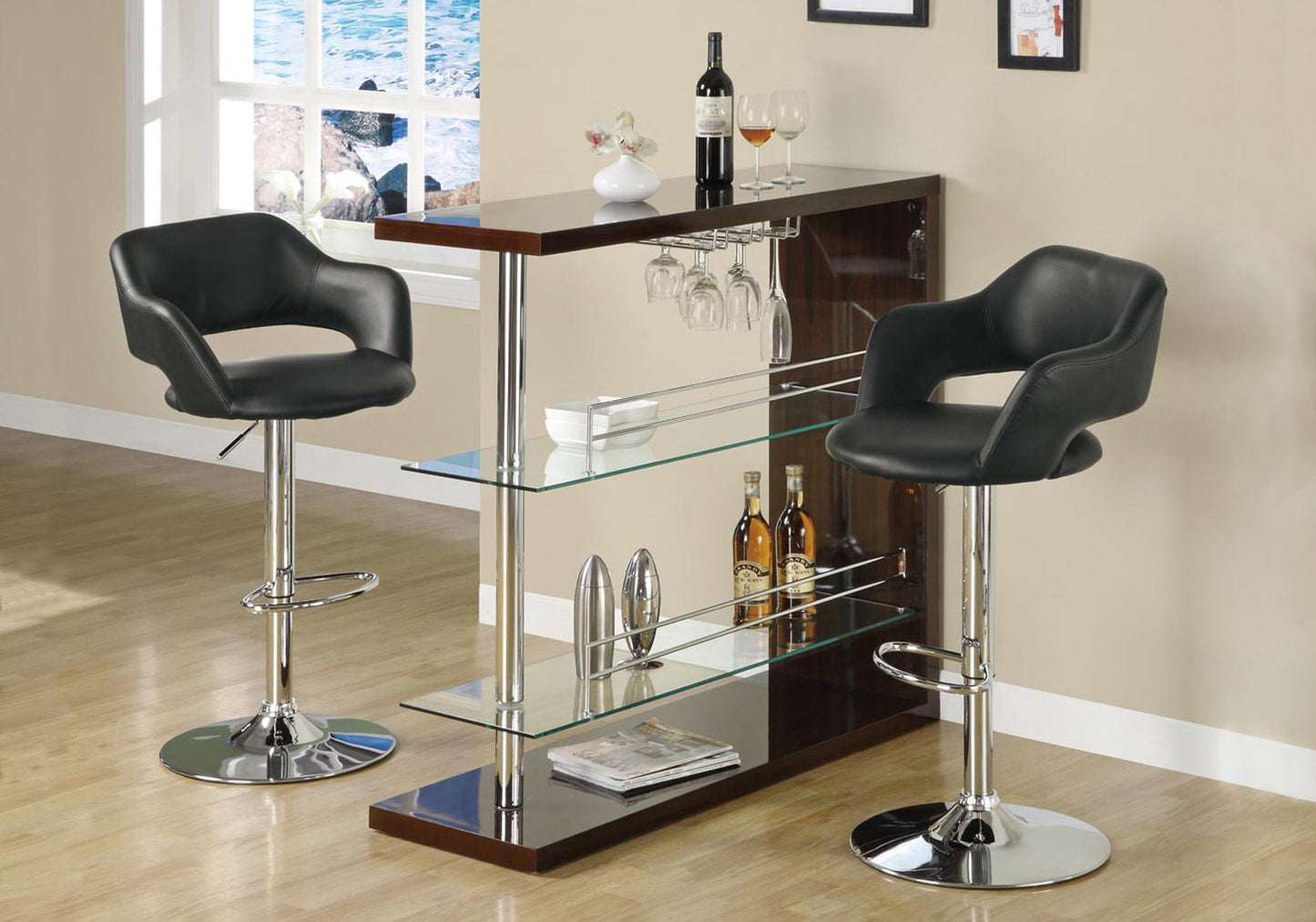 title:Bar Stool, Swivel, Bar Height, Adjustable, Chrome Metal, Black Leather Look, Contemporary, Modern;color:Black