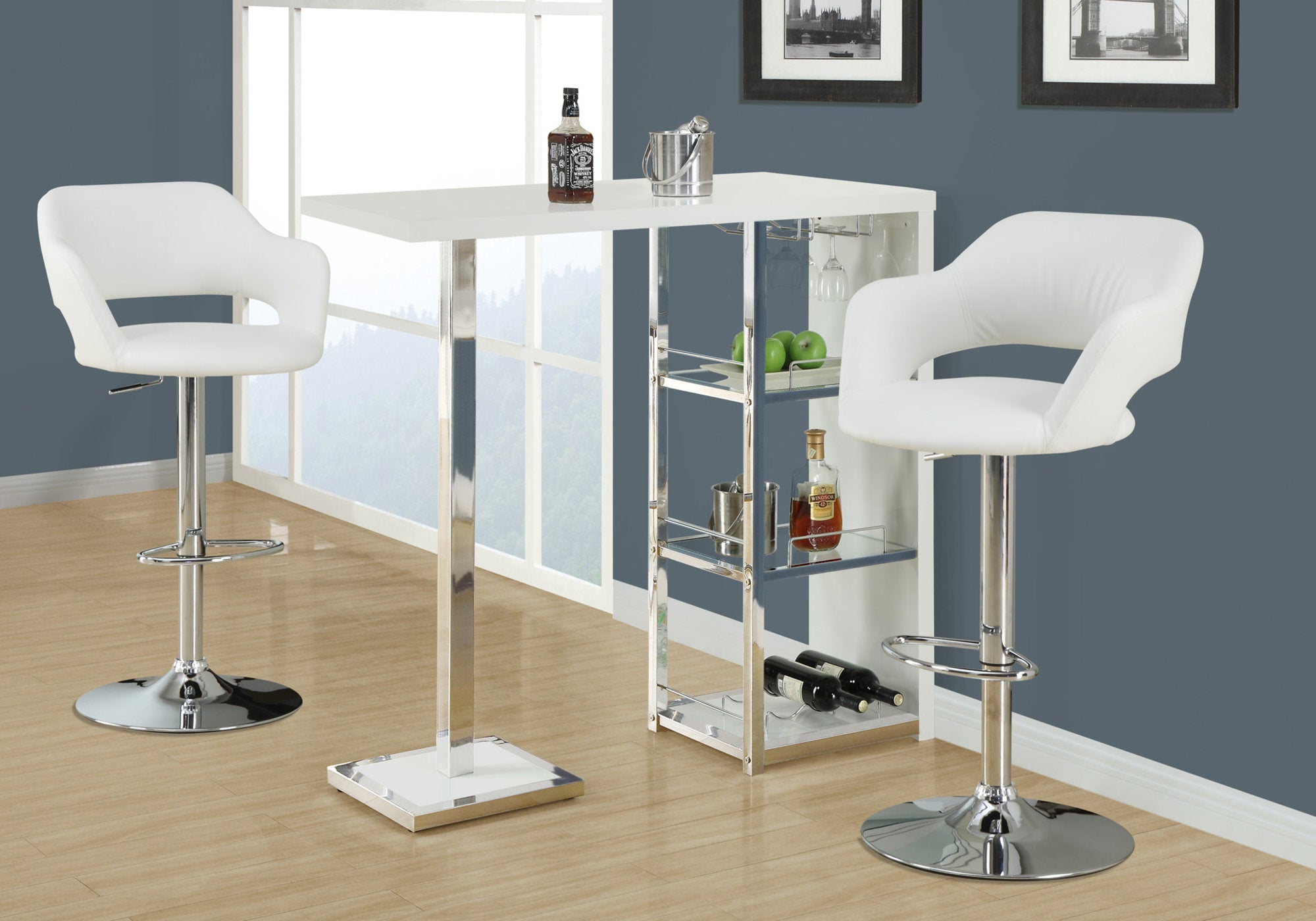 title:Bar Stool, Swivel, Bar Height, Adjustable, Chrome Metal, White Leather Look, Contemporary, Modern;color:White