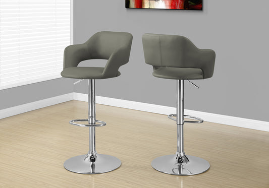 title:Bar Stool, Swivel, Bar Height, Adjustable, Chrome Metal, Grey Leather Look, Contemporary, Modern;color:Light Grey