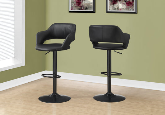 title:Bar Stool, Swivel, Bar Height, Adjustable, Black Metal, Leather Look, Contemporary, Modern;color:Black