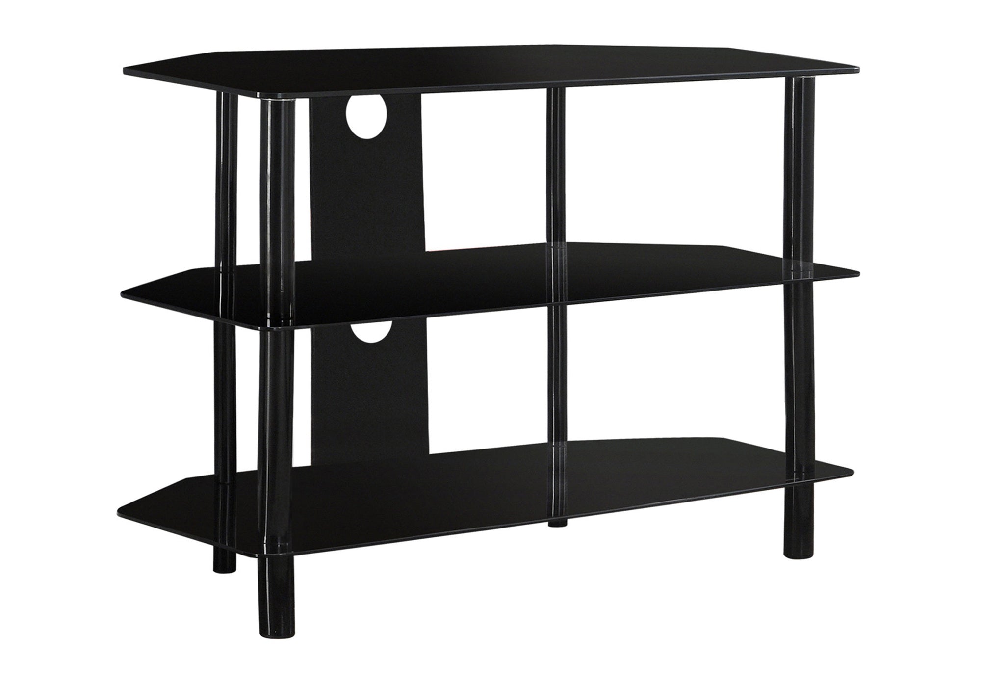 title:Tv Stand, 36 Inch, Console, Media Entertainment Center, Storage Shelves, Living Room, Bedroom, Black Metal, Clear Tempered Glass, Contemporary, Modern;color:Black