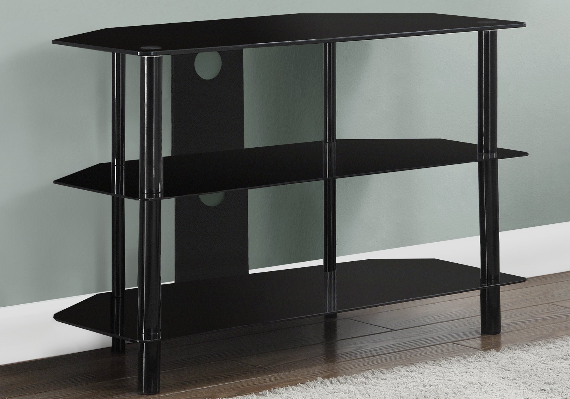 title:Tv Stand, 36 Inch, Console, Media Entertainment Center, Storage Shelves, Living Room, Bedroom, Black Metal, Clear Tempered Glass, Contemporary, Modern;color:Black