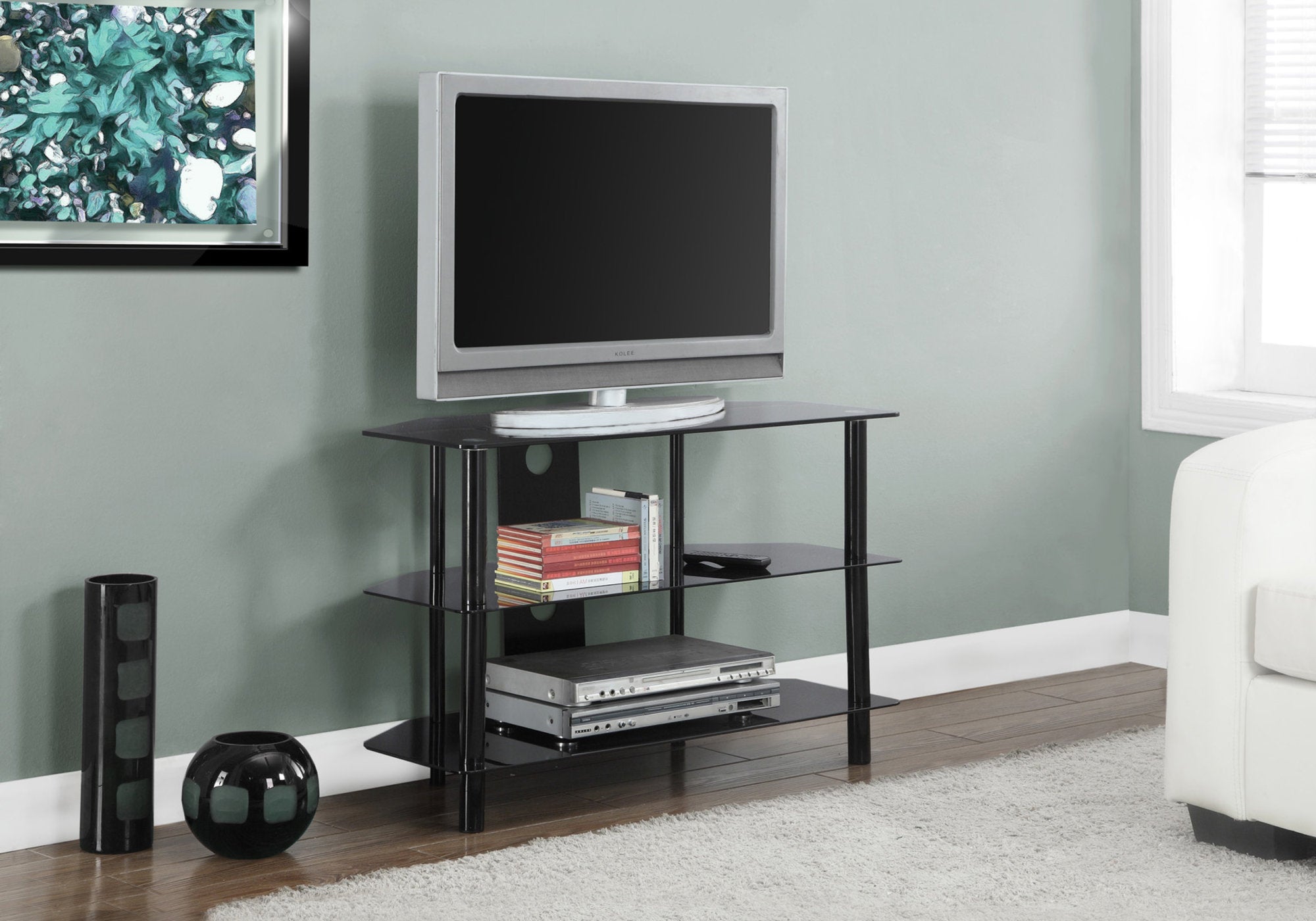 title:Tv Stand, 36 Inch, Console, Media Entertainment Center, Storage Shelves, Living Room, Bedroom, Black Metal, Clear Tempered Glass, Contemporary, Modern;color:Black