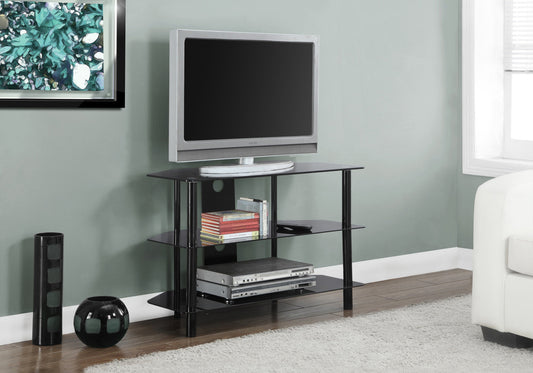 title:Tv Stand, 36 Inch, Console, Media Entertainment Center, Storage Shelves, Living Room, Bedroom, Black Metal, Clear Tempered Glass, Contemporary, Modern;color:Black