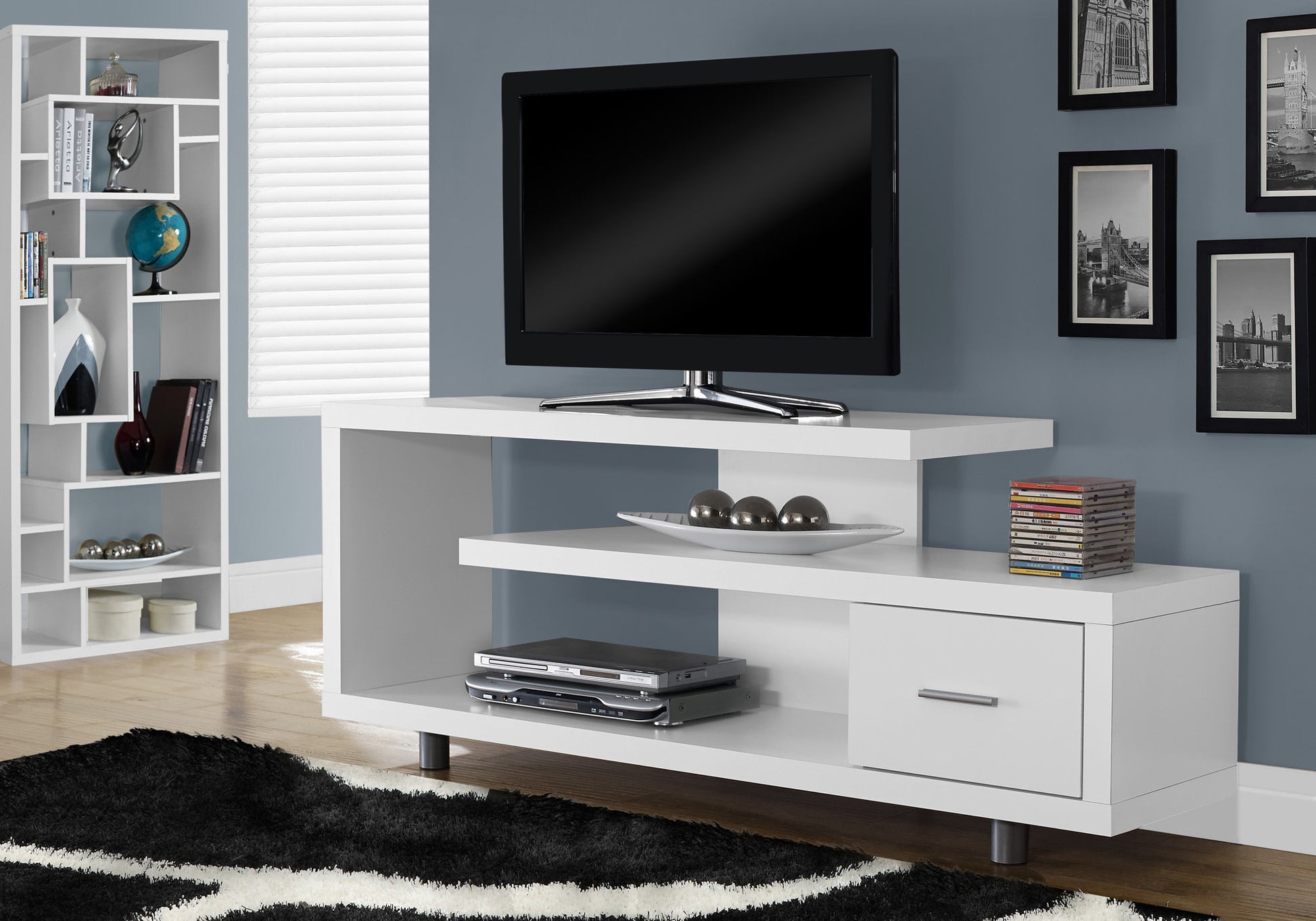 title:Tv Stand, 60 Inch, Console, Media Entertainment Center, Storage Cabinet, Living Room, Bedroom, White Laminate, Contemporary, Modern;color:White