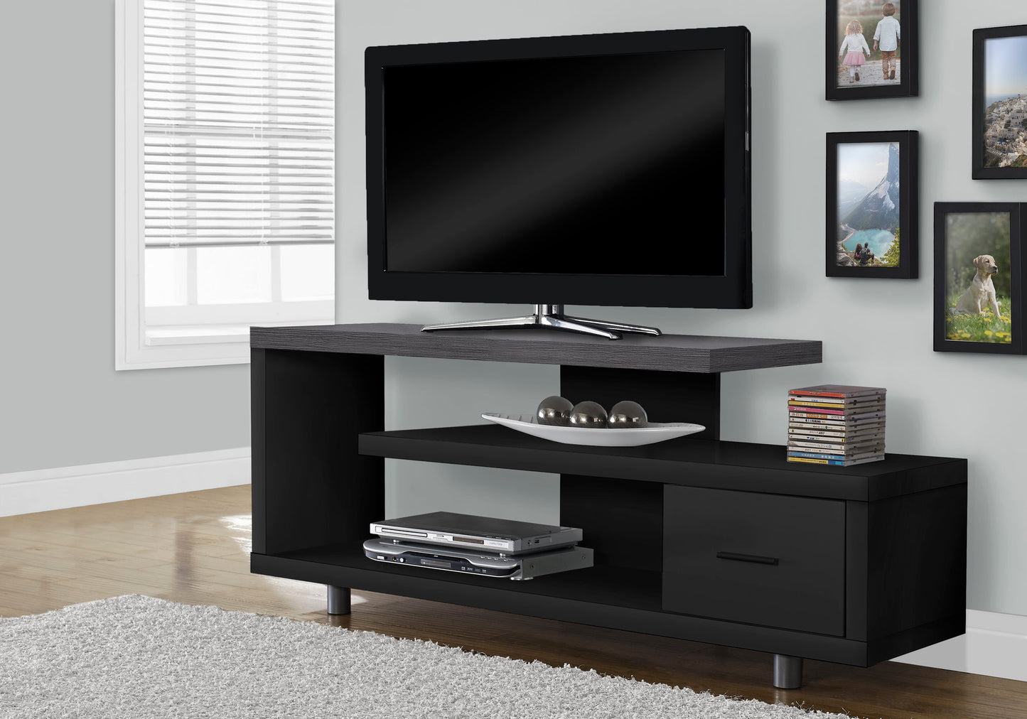 title:Tv Stand, 60 Inch, Console, Media Entertainment Center, Storage Cabinet, Living Room, Bedroom, Black And Grey Laminate, Contemporary, Modern;color:Black