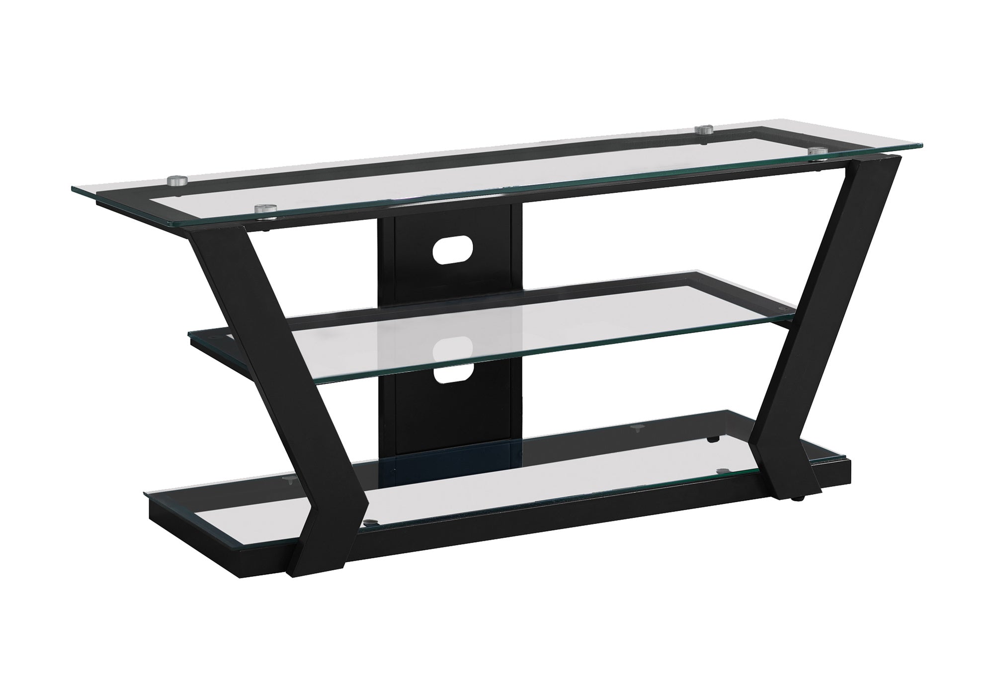 title:Tv Stand, 48 Inch, Console, Media Entertainment Center, Storage Shelves, Living Room, Bedroom, Black Metal, Clear Tempered Glass, Contemporary, Modern;color:Black