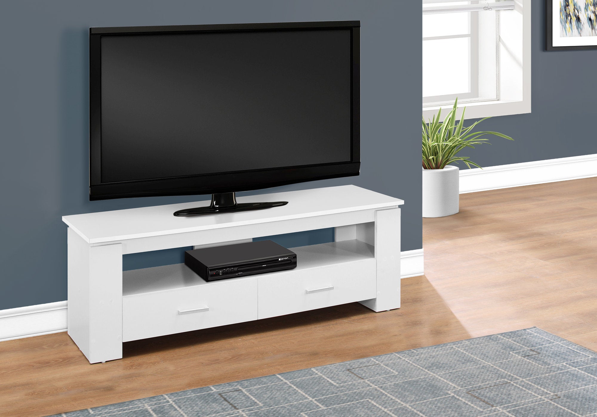 title:Tv Stand, 48 Inch, Console, Media Entertainment Center, Storage Drawers, Living Room, Bedroom, White Laminate, Contemporary, Modern;color:White